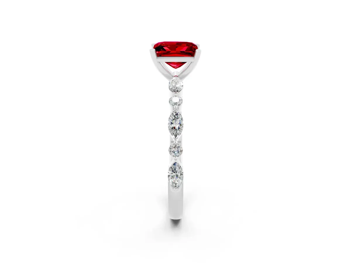 Princess Cut Ruby Ring with Marquise and Round Side Stones and Four-Prong Setting Silver