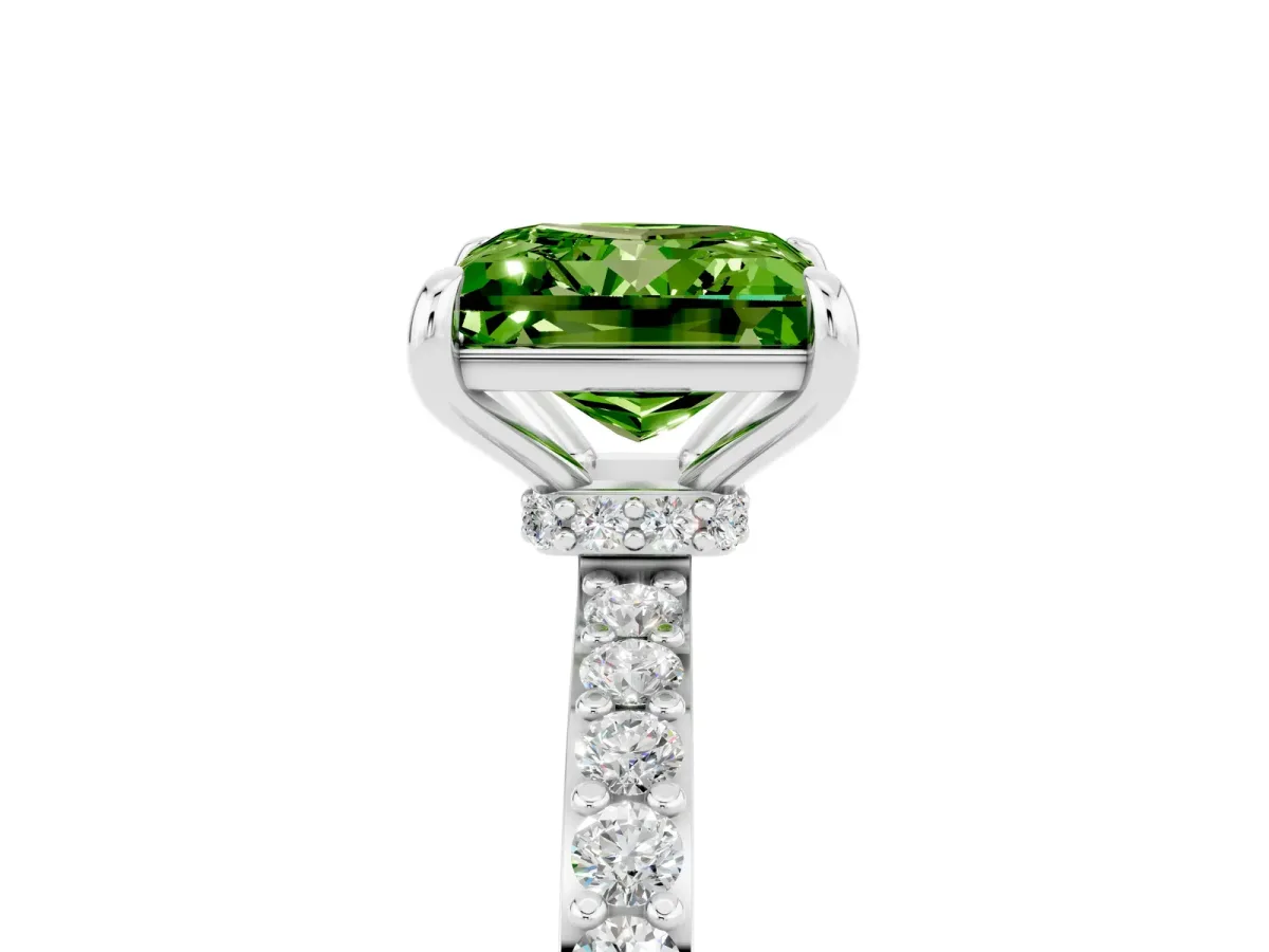Princess Cut Peridot Solitaire Engagement Ring with Pavé Band and Four-Prong Setting White gold