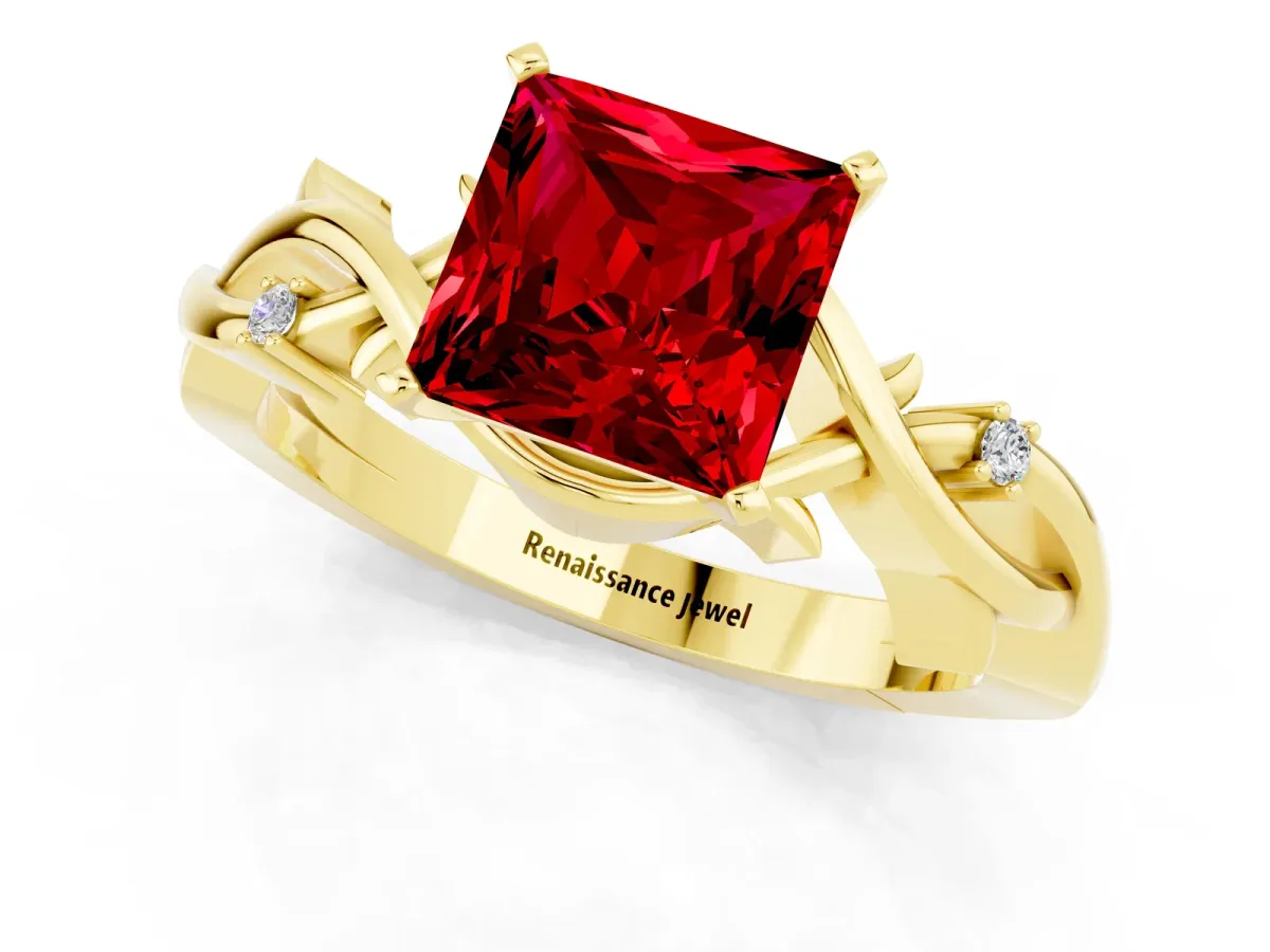 Princess Cut Ruby Solitaire Ring with Twisted Band and Prong Setting Yellow gold