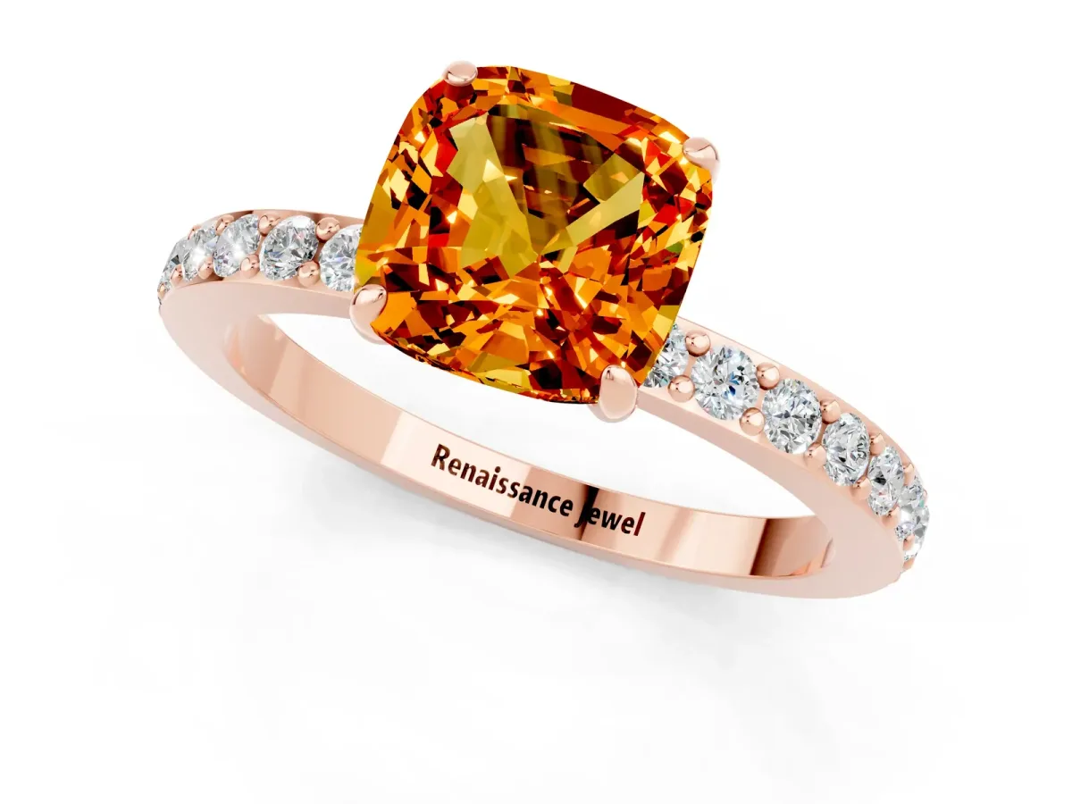 Cushion Cut Citrine Solitaire Engagement Ring with Pavé Band and Four-Prong Setting Rose gold