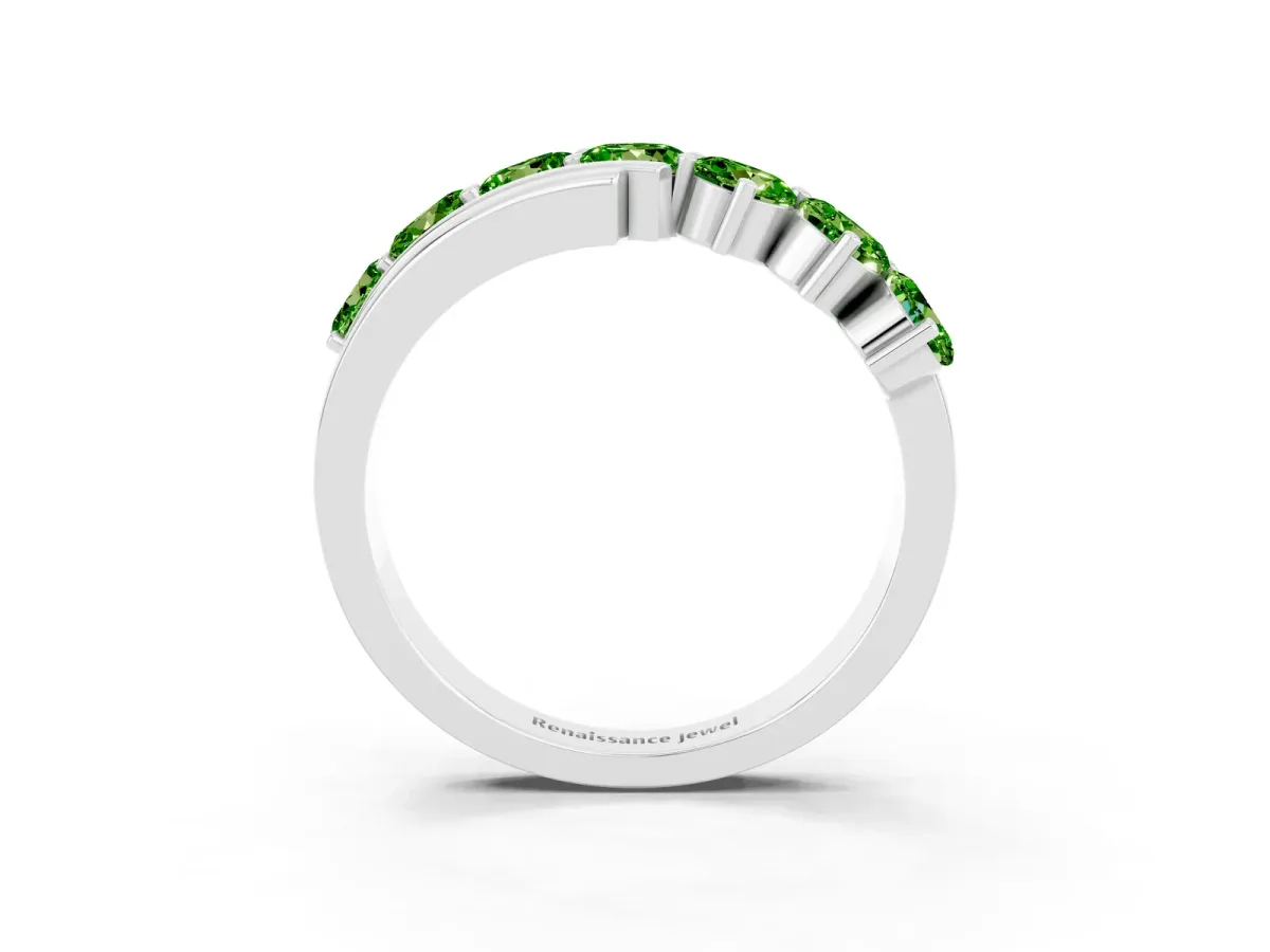 Round Peridot Wave Band with Channel and Shared Prong Setting White gold