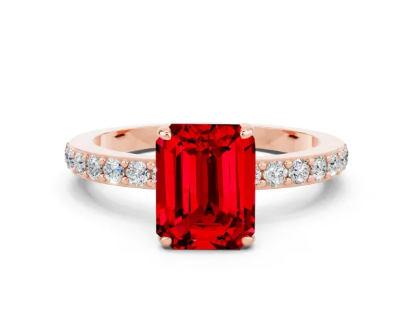 Emerald Cut Ruby Solitaire Engagement Ring with Pavé Band and Four-Prong Setting Rose gold