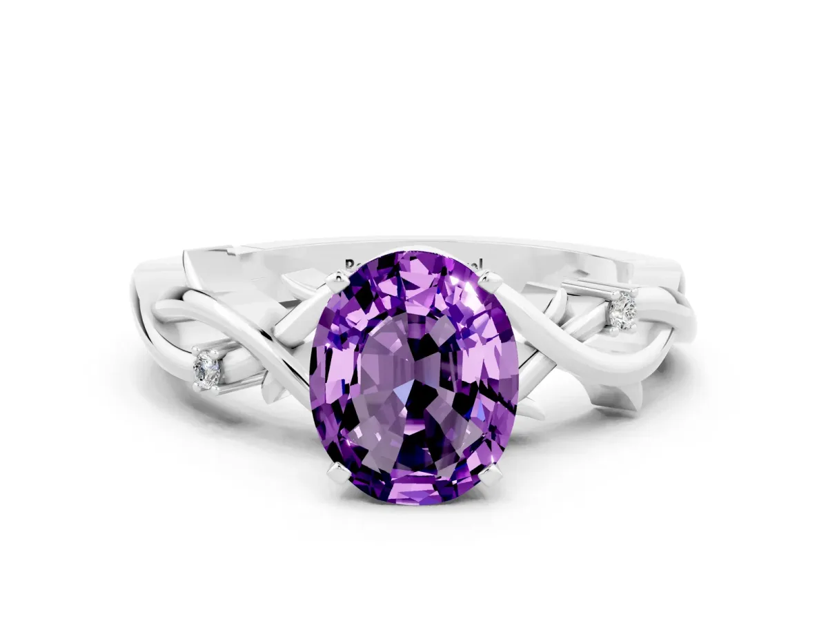 Oval Cut Amethyst Solitaire Ring with Twisted Band and Prong Setting Platinum