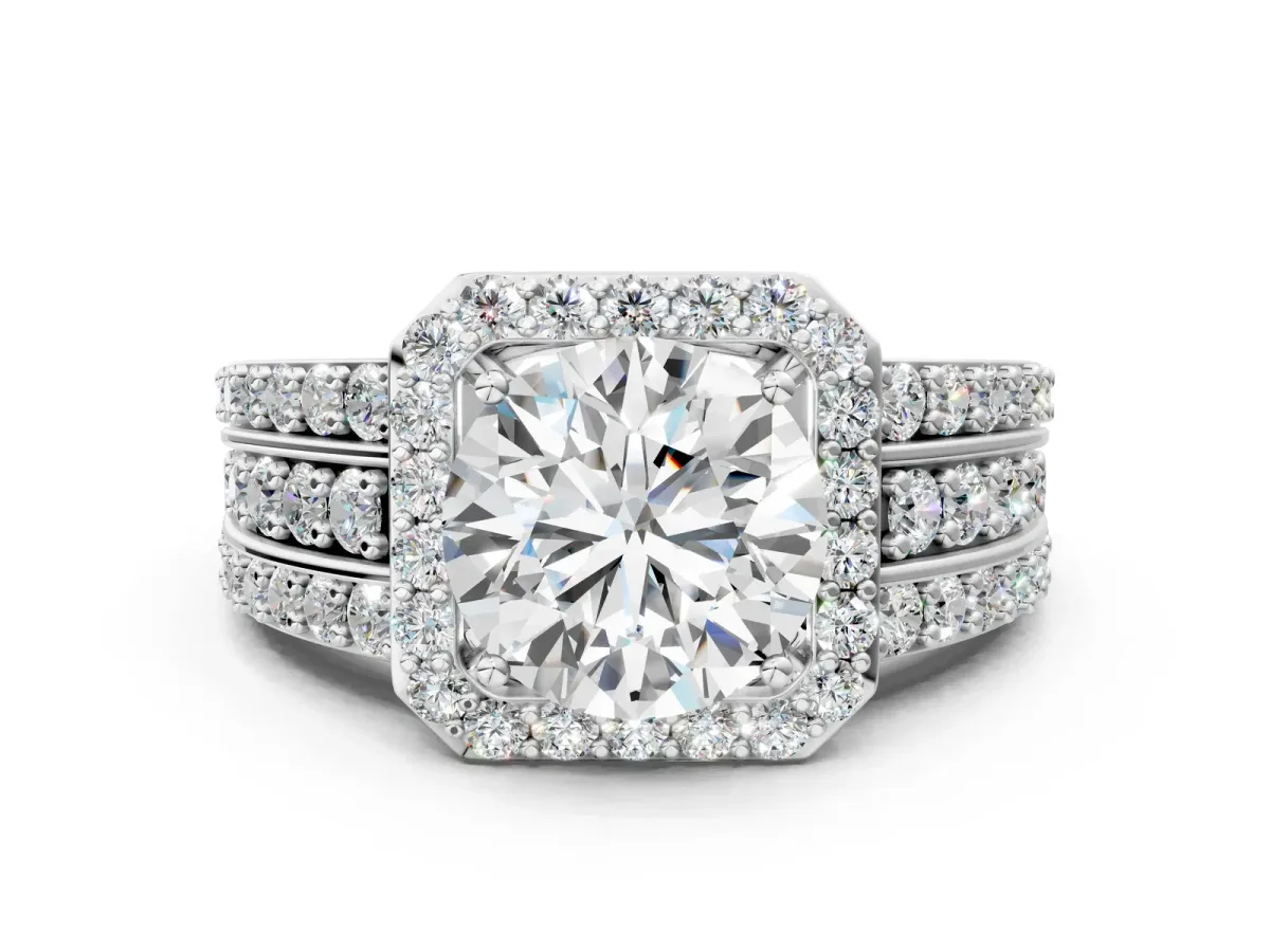 Round Cut Halo Diamond Ring with Round Split Shank and Prong Setting Platinum