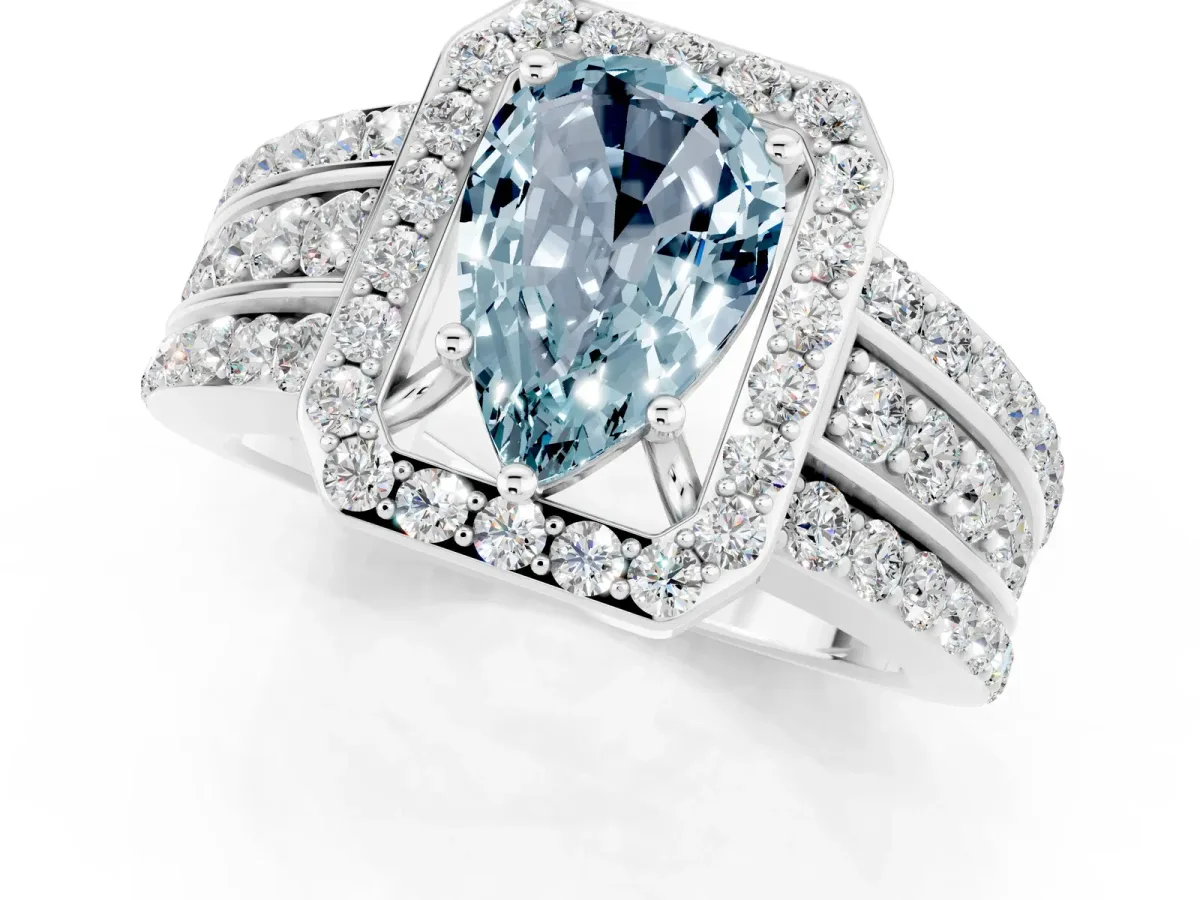 Pear Cut Halo Aquamarine Ring with Round Split Shank and Prong Setting Silver