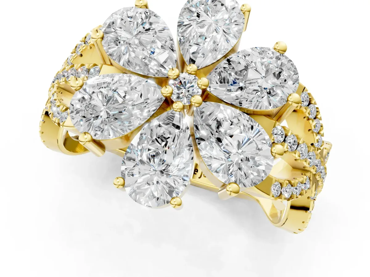 Pear Diamond Floral Ring with Round Diamond Accents Yellow gold