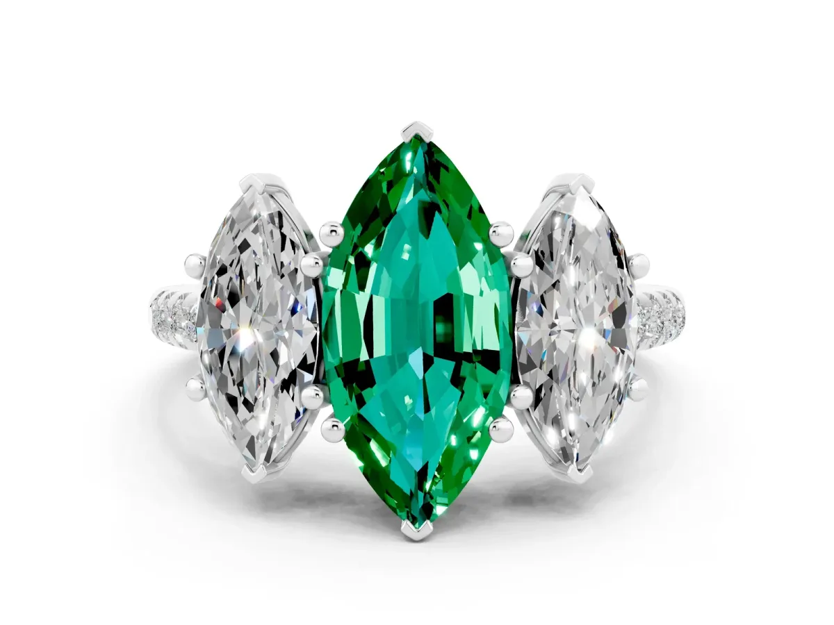 Three-Stone Marquise Cut Emerald Ring with Round Pavé Band and Prong Setting Platinum