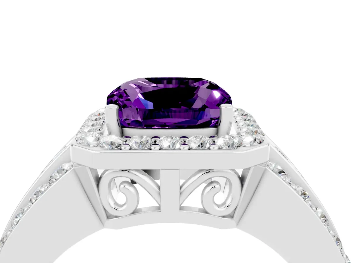 Cushion Cut Halo Amethyst Ring with Round Split Shank and Prong Setting Silver