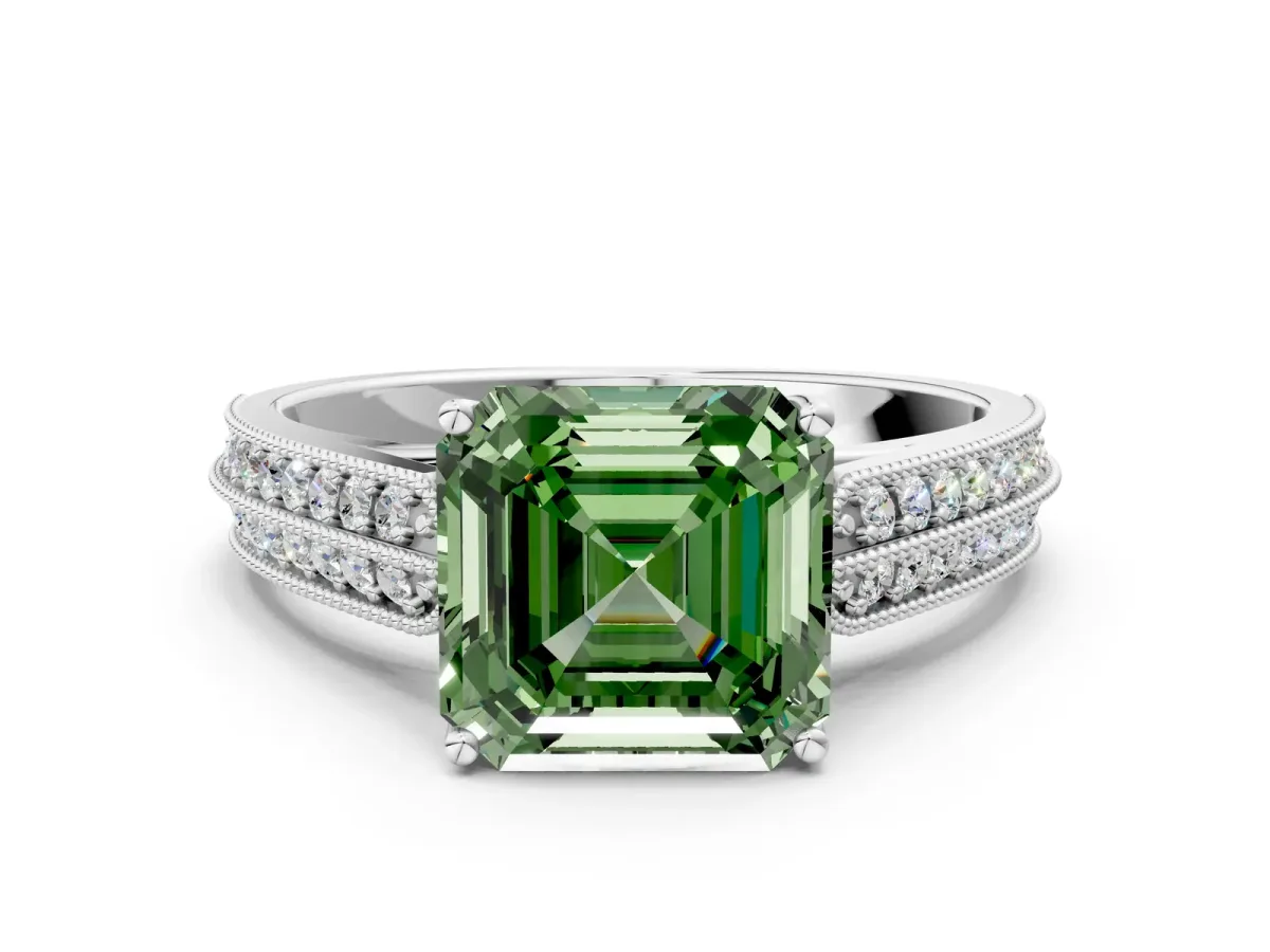 Fancy Green Asscher Cut Cut Pave Split Shank Engagement Ring with Four-Prong Setting Platinum