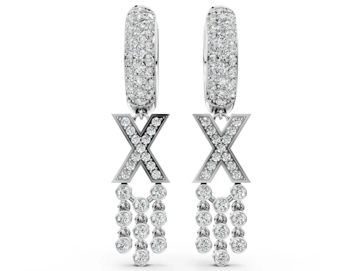 Round Diamond Initial X Huggie Hoop Earrings Silver