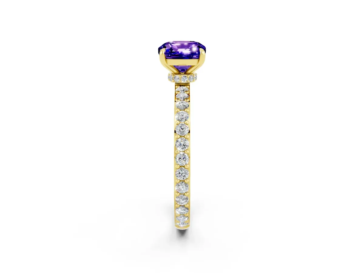 Cushion Cut Tanzanite Solitaire Engagement Ring with Pavé Band and Four-Prong Setting Yellow gold