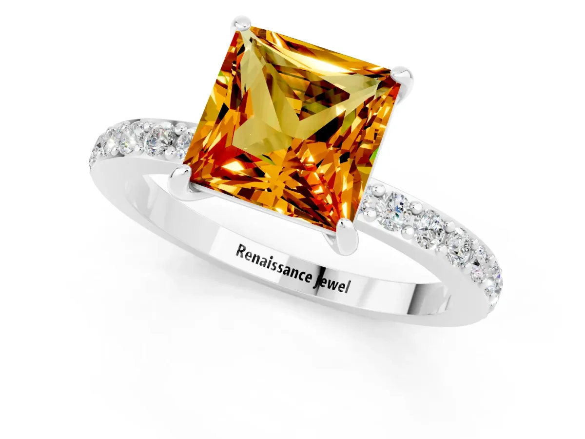 Princess Cut Citrine Solitaire Engagement Ring with Pavé Band and Four-Prong Setting White gold