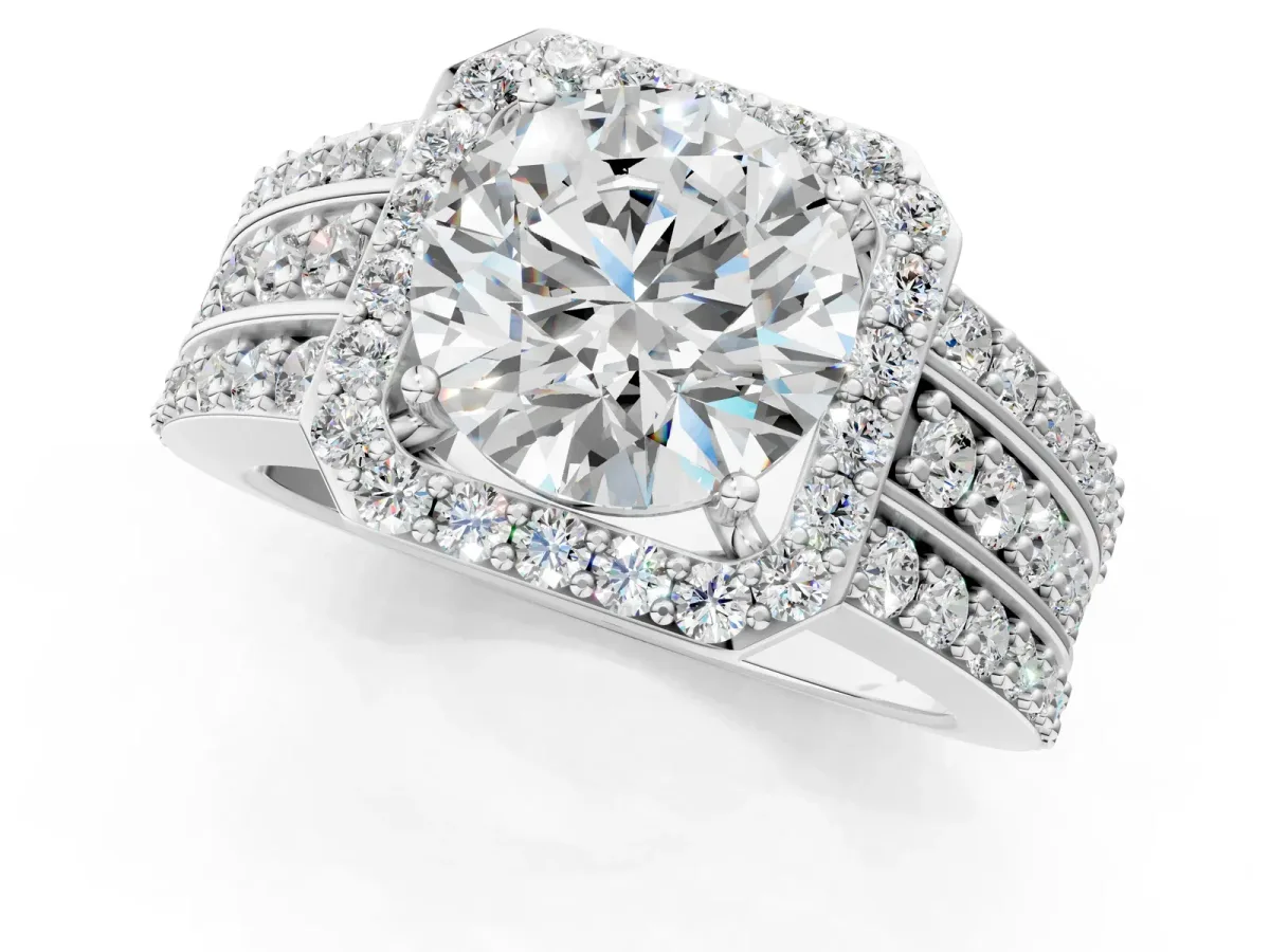 Round Cut Halo Diamond Ring with Round Split Shank and Prong Setting Platinum