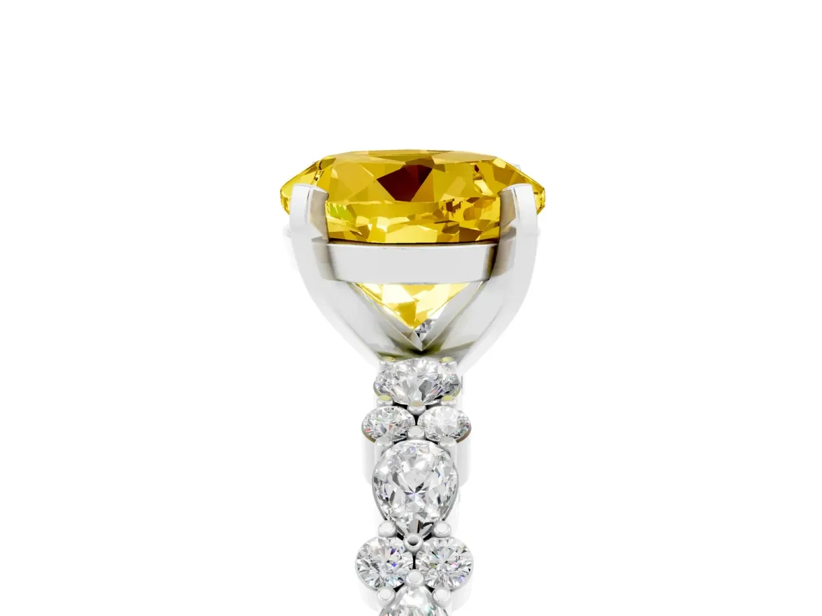Round Cut Yellow Sapphire Side Stone Solitaire Ring with Round and Four-Prong Setting Silver