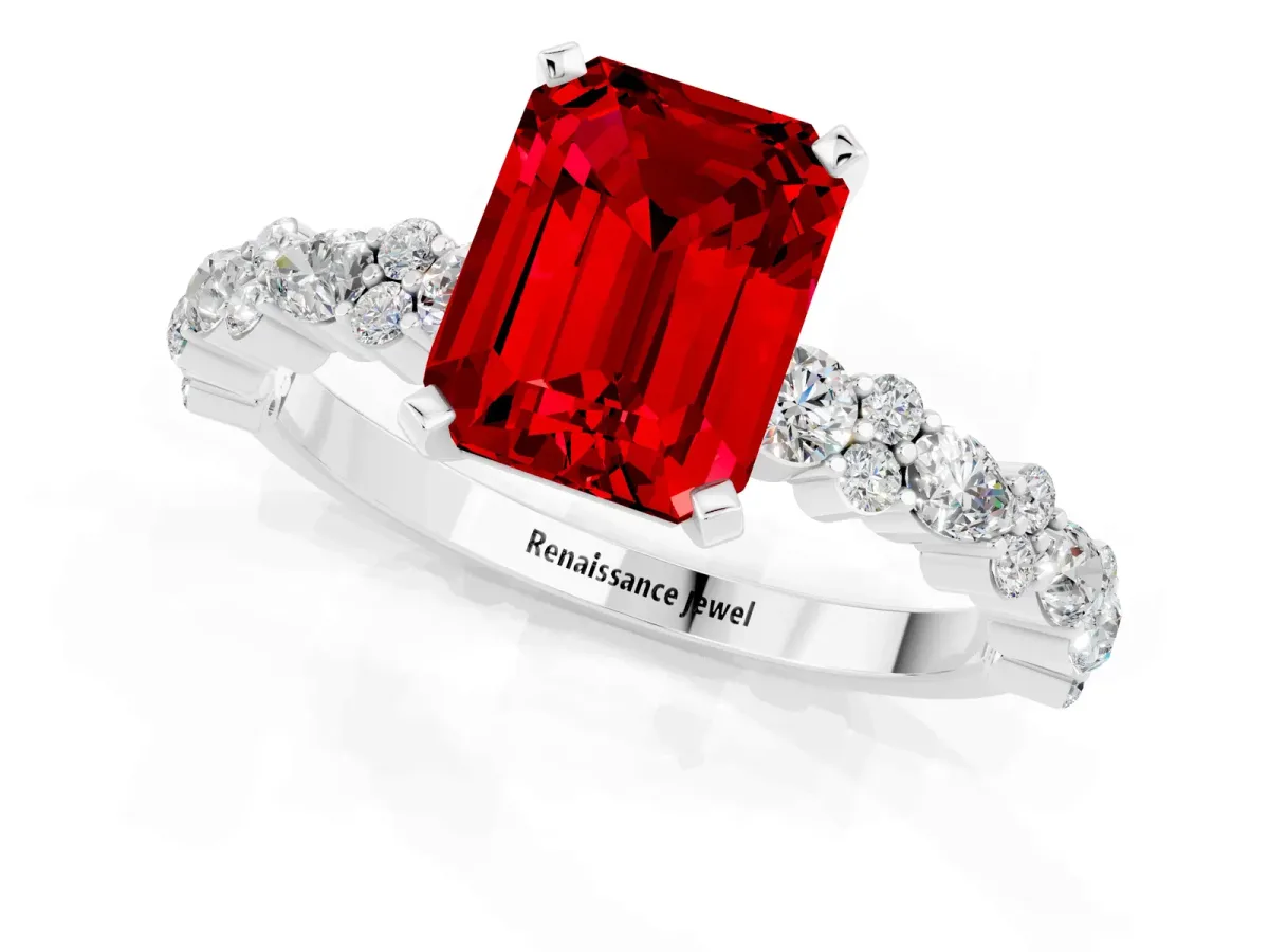 Emerald Cut Ruby Side Stone Solitaire Ring with Round and Four-Prong Setting Silver