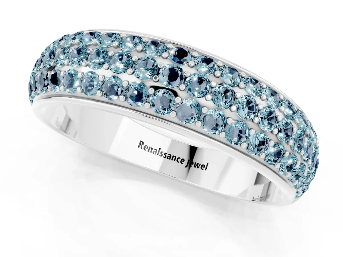 Three-Row Round Aquamarine Eternity Band with Shared Prong Setting Platinum