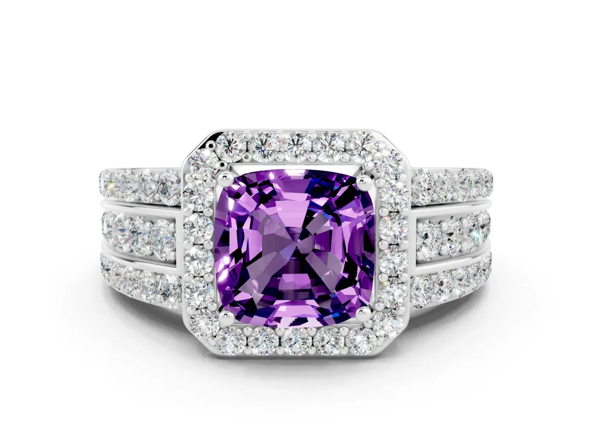 Cushion Cut Halo Amethyst Ring with Round Split Shank and Prong Setting Silver