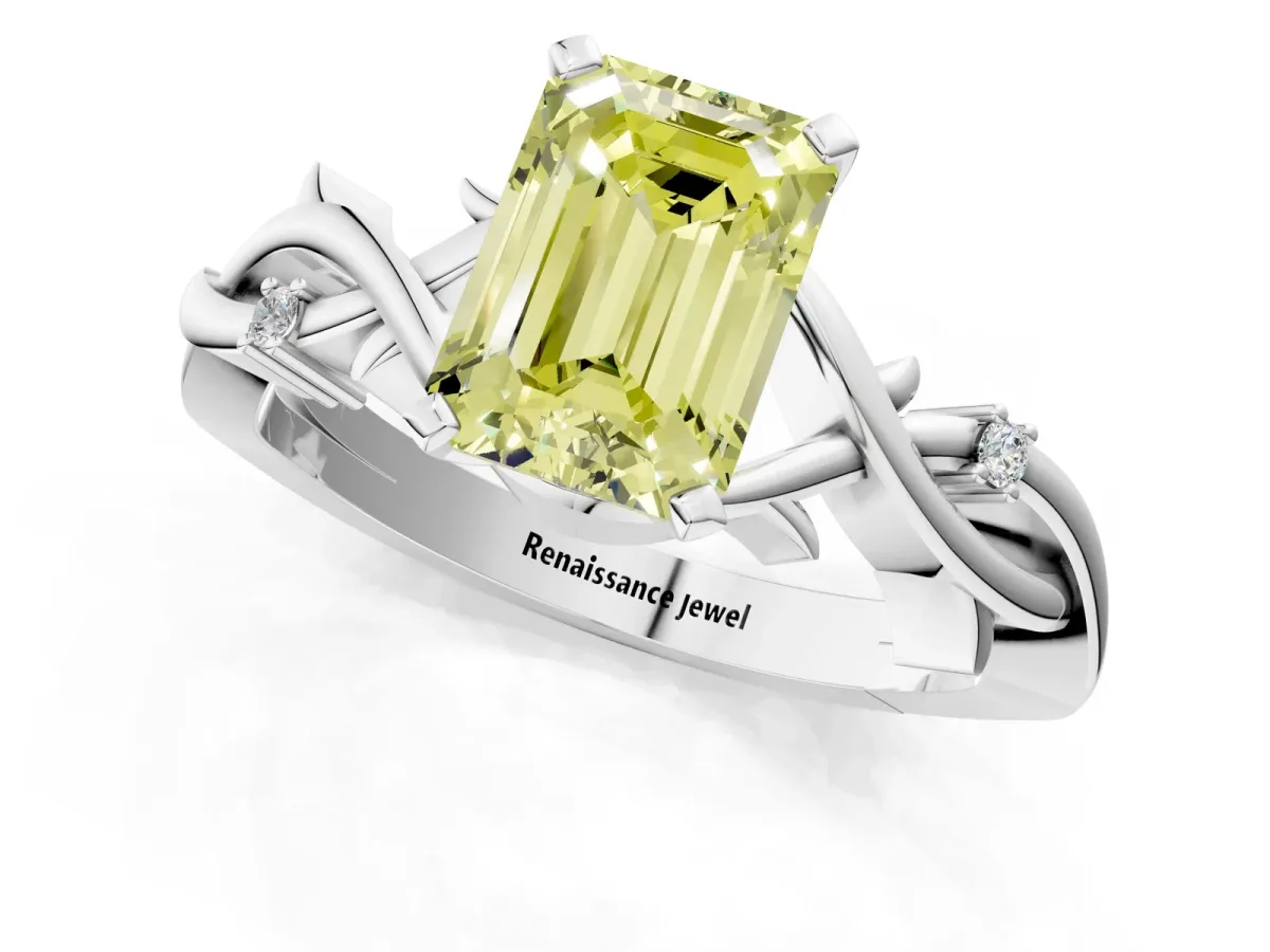 Fancy Yellow Emerald Cut Diamond Solitaire Ring with Twisted Band and Prong Setting Silver