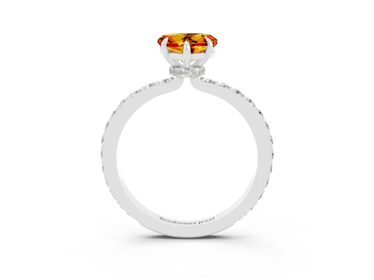 Heart Cut Citrine Solitaire Engagement Ring with Pavé Band and Four-Prong Setting Platinum