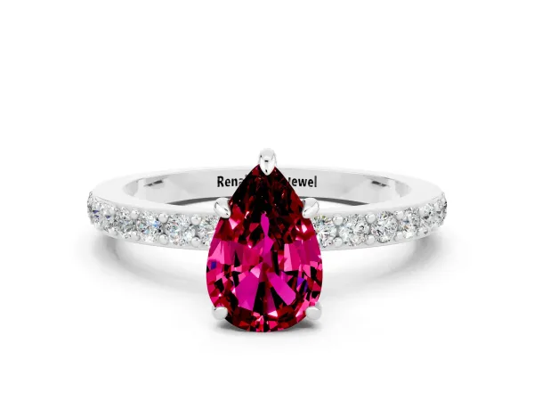 Pear Cut Garnet Solitaire Engagement Ring with Pavé Band and Four-Prong Setting Platinum