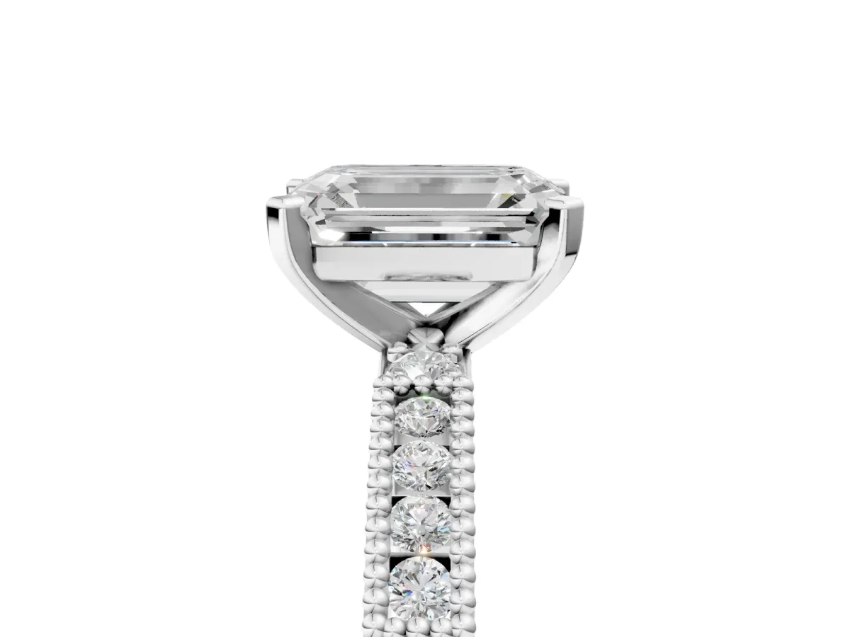 Emerald Cut Solitaire with Pavé Band and Four-Prong Setting Silver