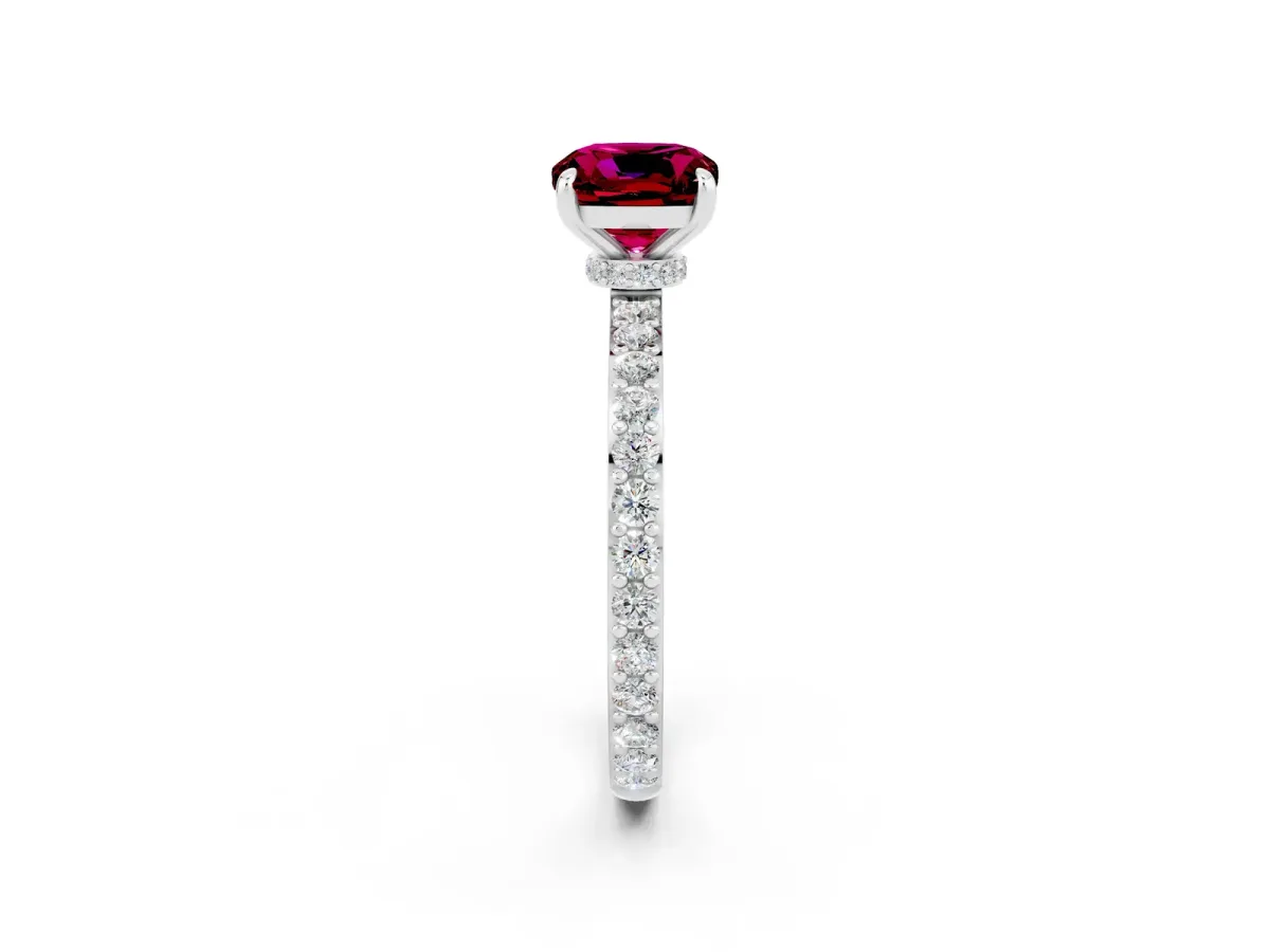 Cushion Cut Garnet Solitaire Engagement Ring with Pavé Band and Four-Prong Setting White gold
