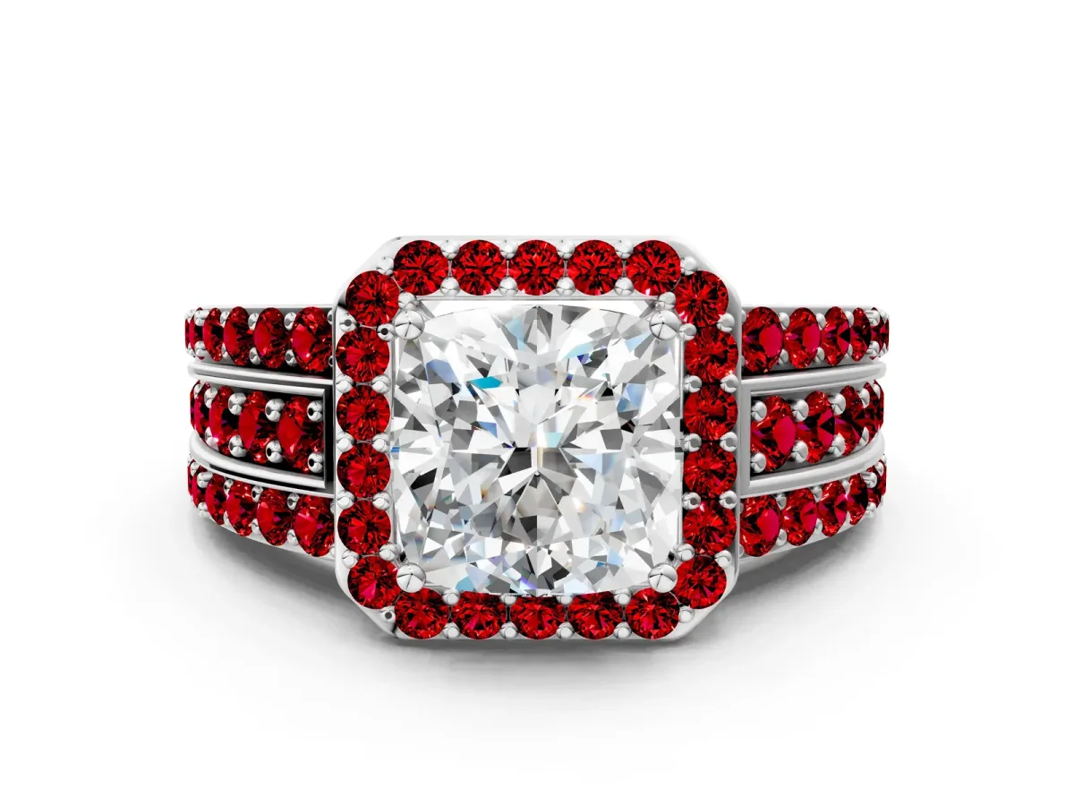 Cushion Cut Halo Diamond Ring with Round Ruby Split Shank and Prong Setting White gold