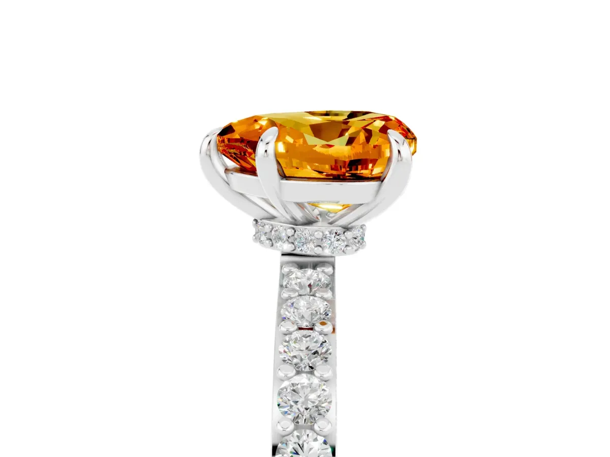 Heart Cut Citrine Solitaire Engagement Ring with Pavé Band and Four-Prong Setting Platinum