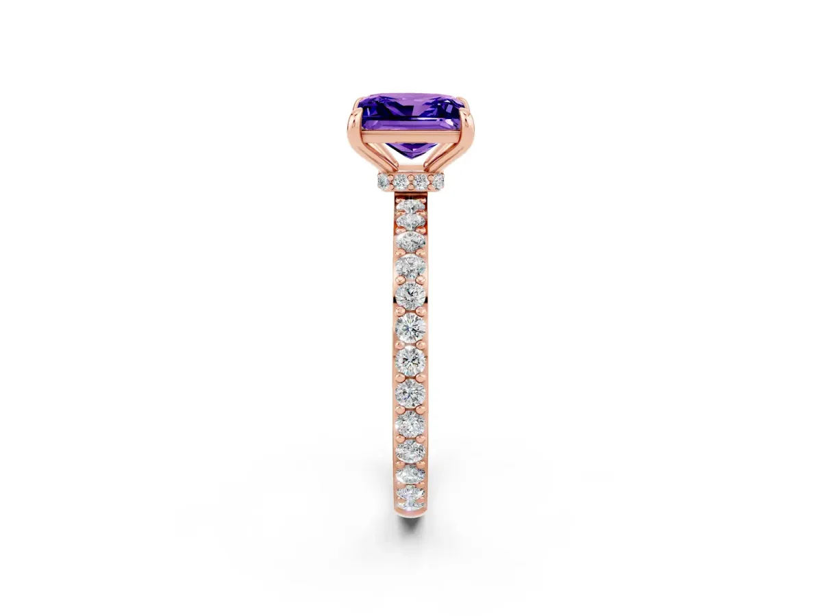 Princess Cut Tanzanite Solitaire Engagement Ring with Pavé Band and Four-Prong Setting Rose gold