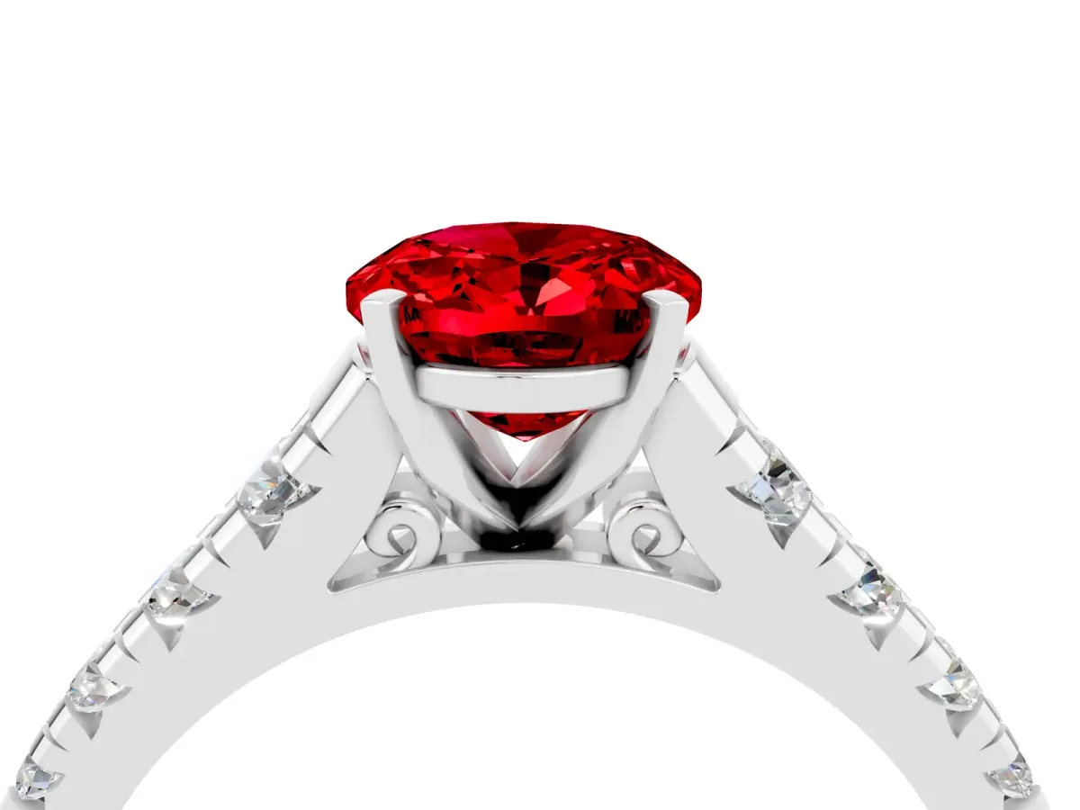 Oval Cut Ruby Cathedral Solitaire Ring with Round Pavé Band White gold