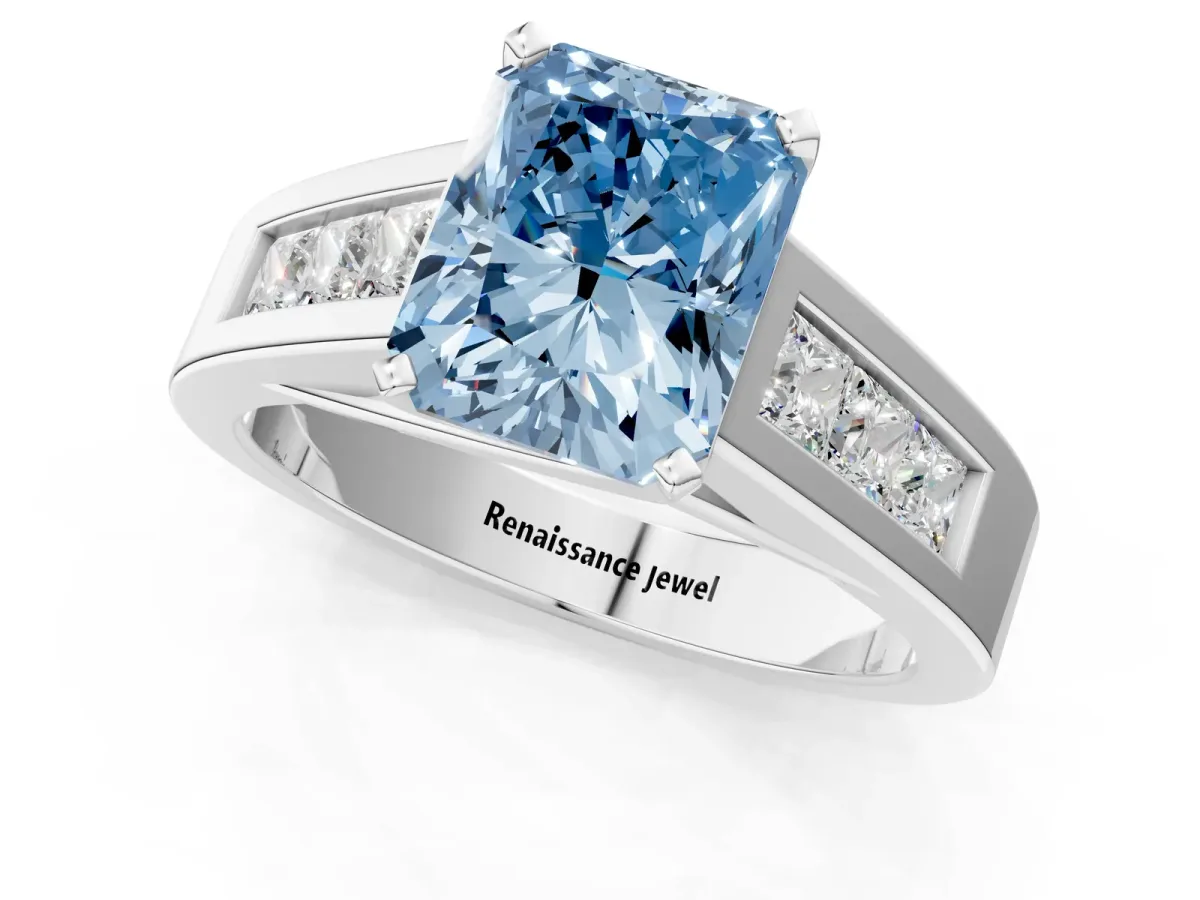 Fancy Blue Radiant Cut Cut Channel Set Solitaire Ring with Four-Prong Setting Silver