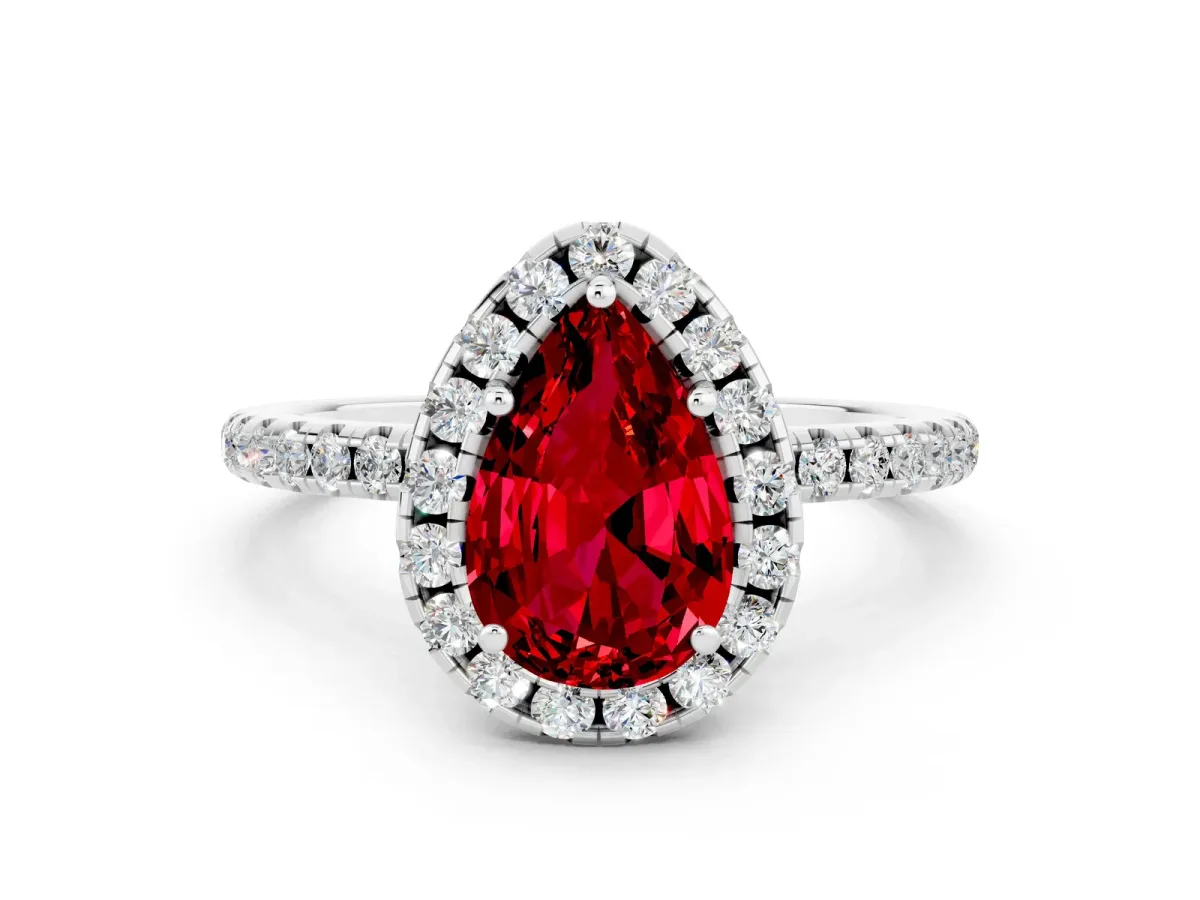 Pear Cut Ruby Halo Ring with Round Pavé Band and Prong Setting Platinum