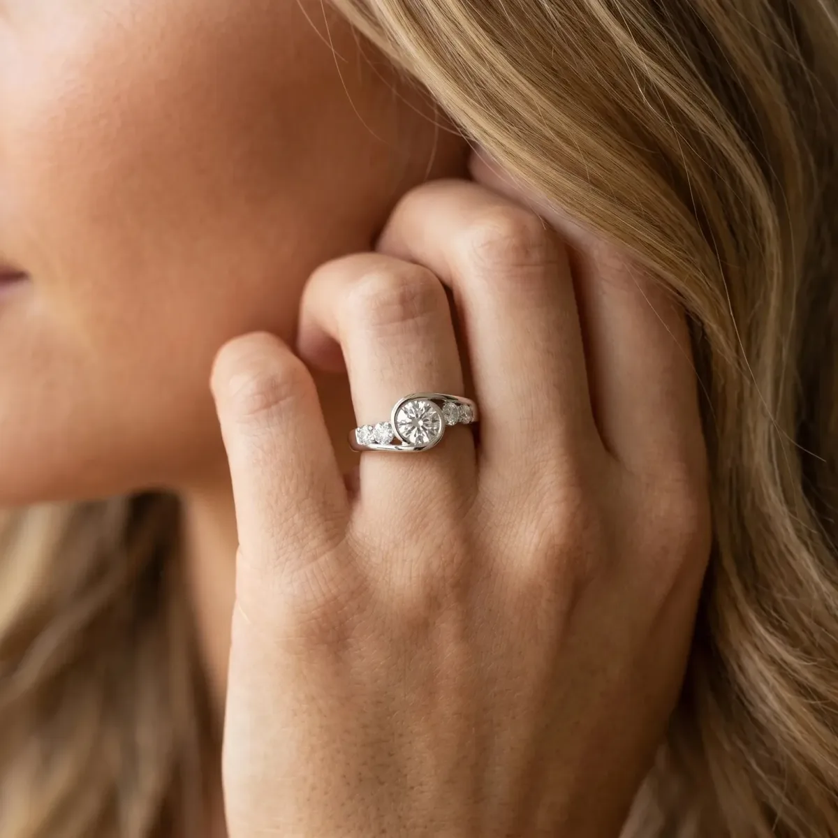 Bezel Set Round Cut Diamond Bypass Ring with Round Accents Platinum