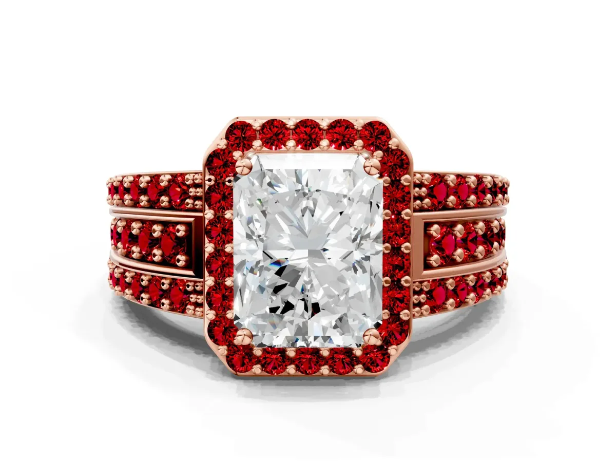 Radiant Cut Halo Diamond Ring with Round Ruby Split Shank and Prong Setting Rose gold