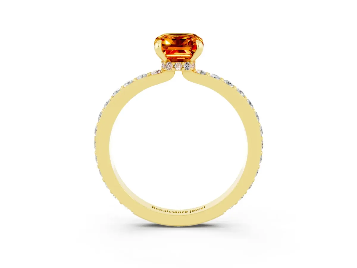 Emerald Cut Citrine Solitaire Engagement Ring with Pavé Band and Four-Prong Setting Yellow gold
