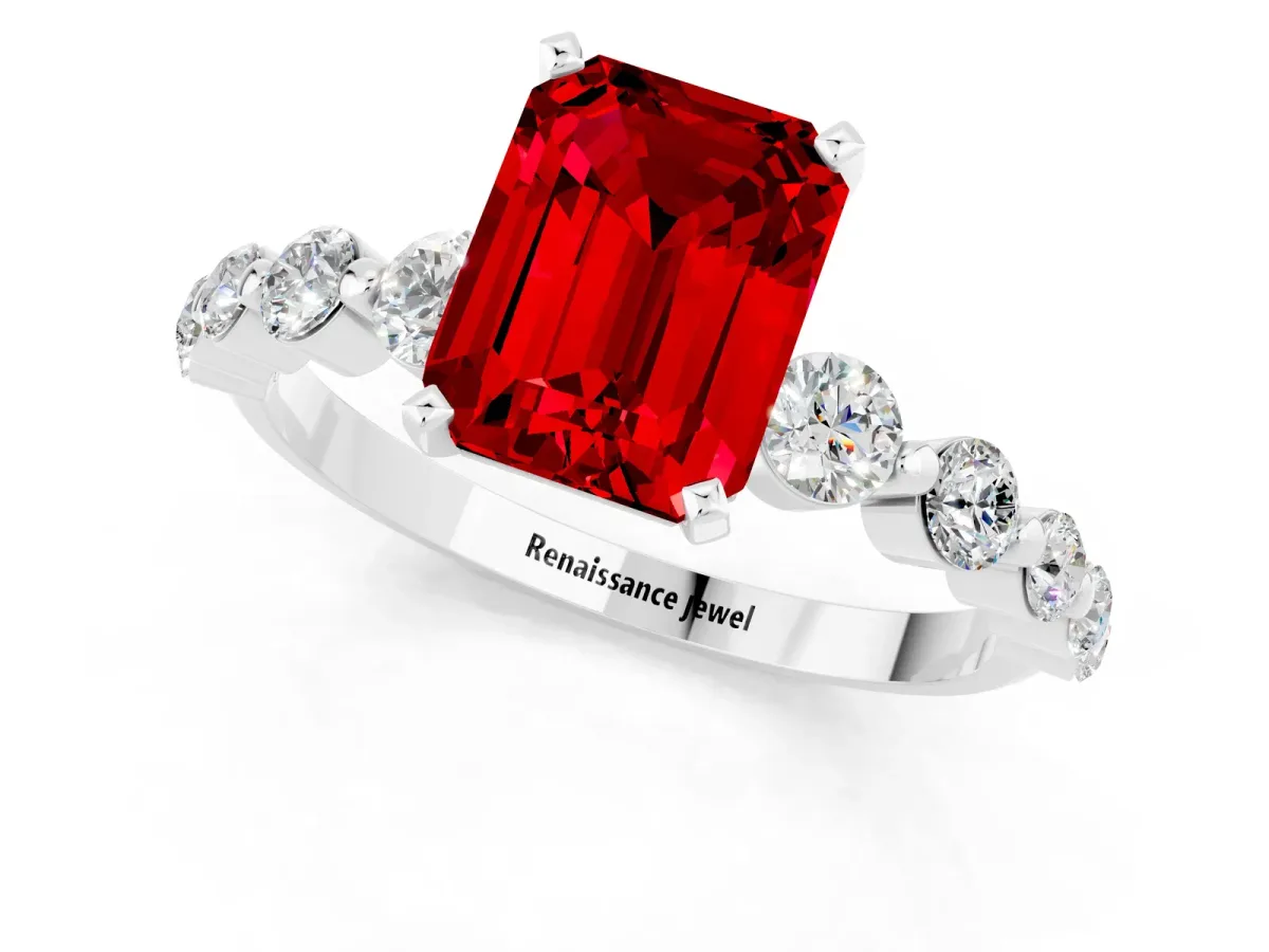 Emerald Cut Solitaire Ruby Ring with Pave Band and Four-Prong Setting White gold