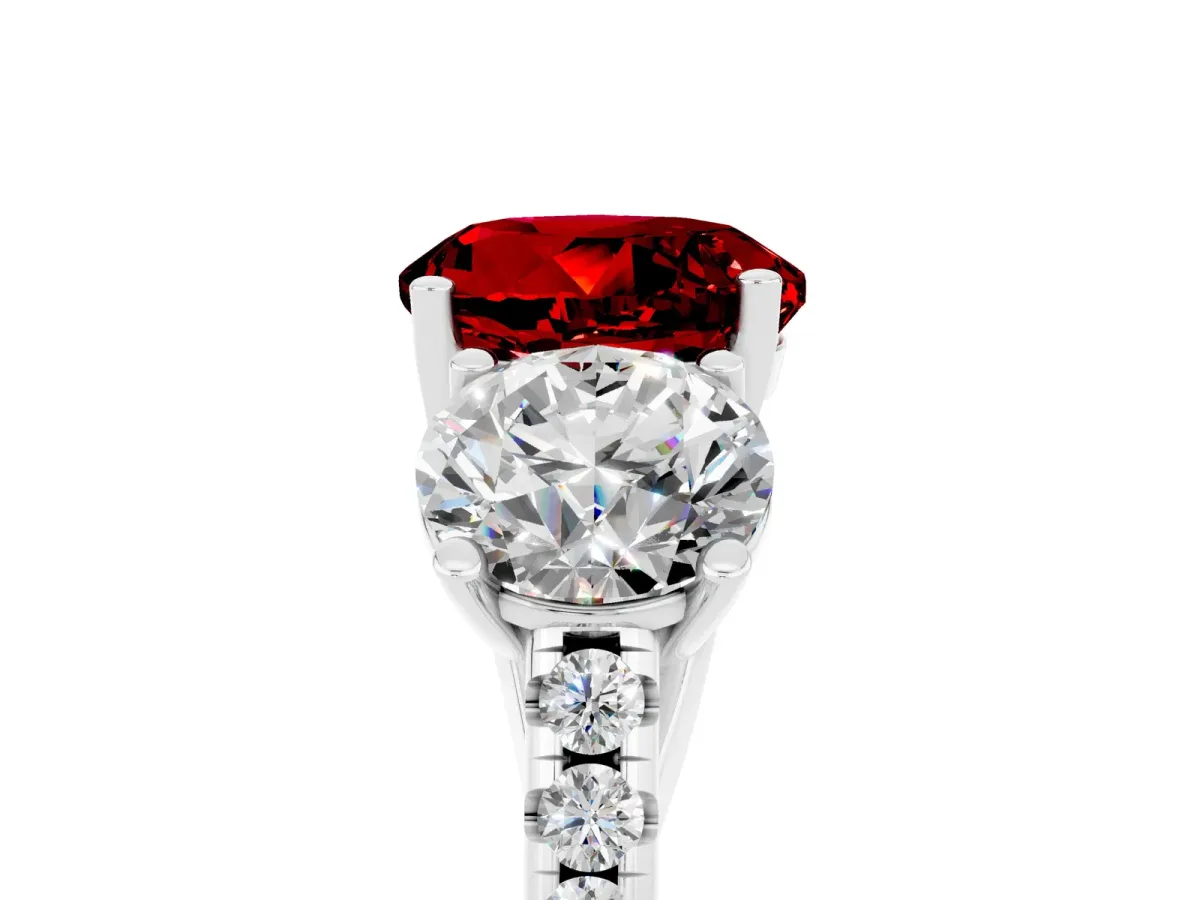 Three-Stone Round Cut Ruby Ring with Round Pavé Band and Prong Setting Silver