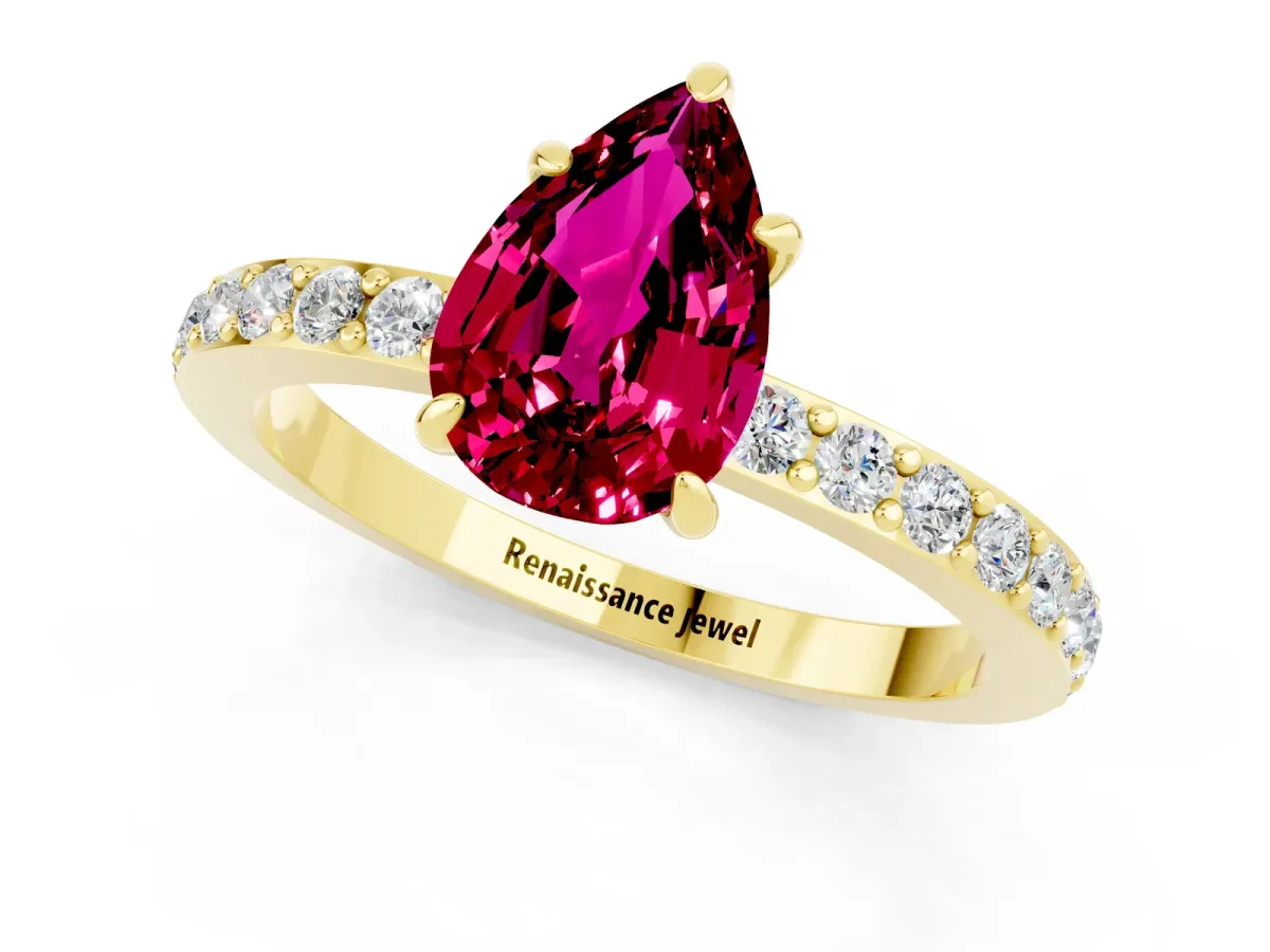 Pear Cut Garnet Solitaire Engagement Ring with Pavé Band and Four-Prong Setting Yellow gold