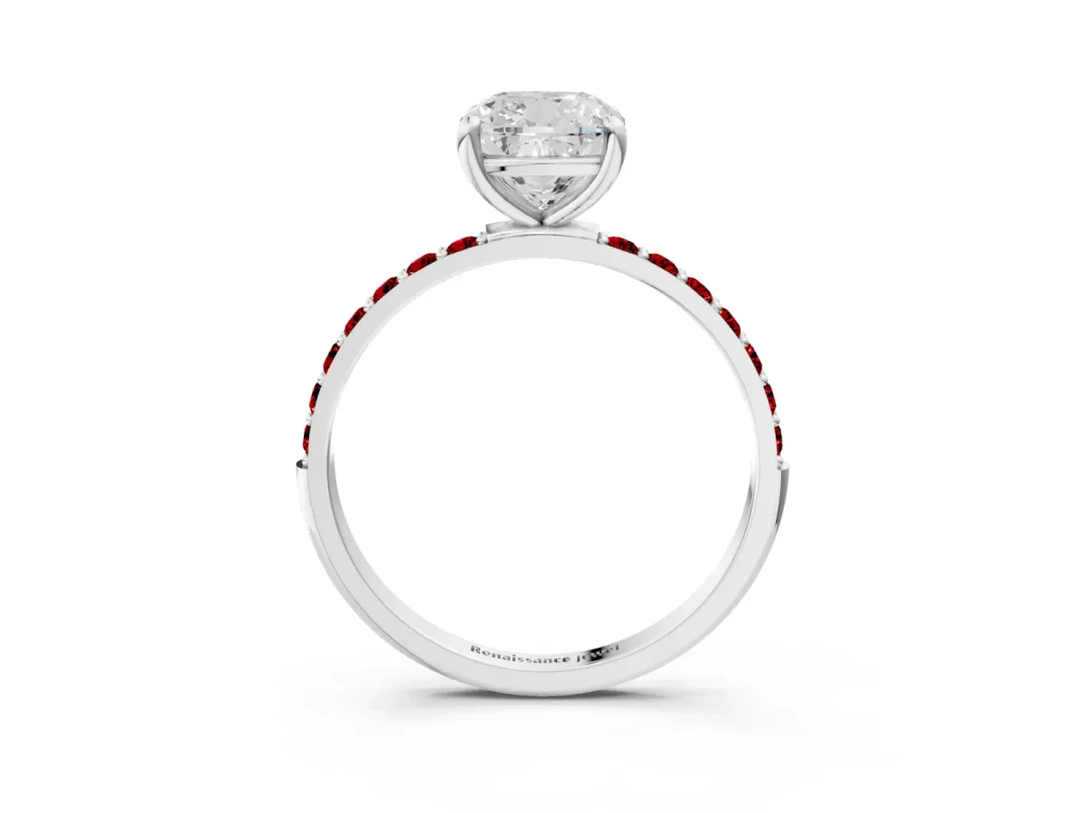 Cushion Cut Diamond Solitaire Ring with Round Ruby Pavé Band and Prong Setting Platinum