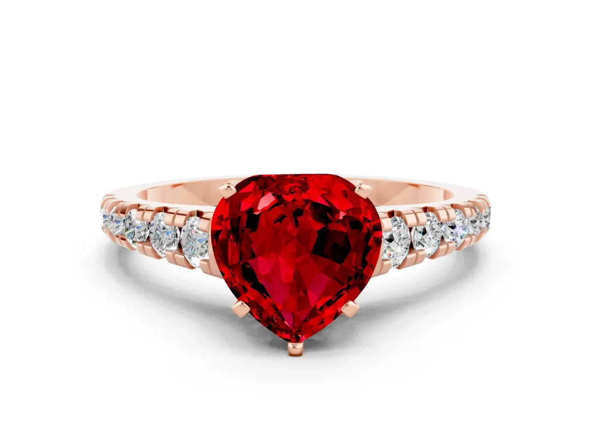 Heart Cut Ruby Cathedral Solitaire Ring with Round Pavé Band Rose gold