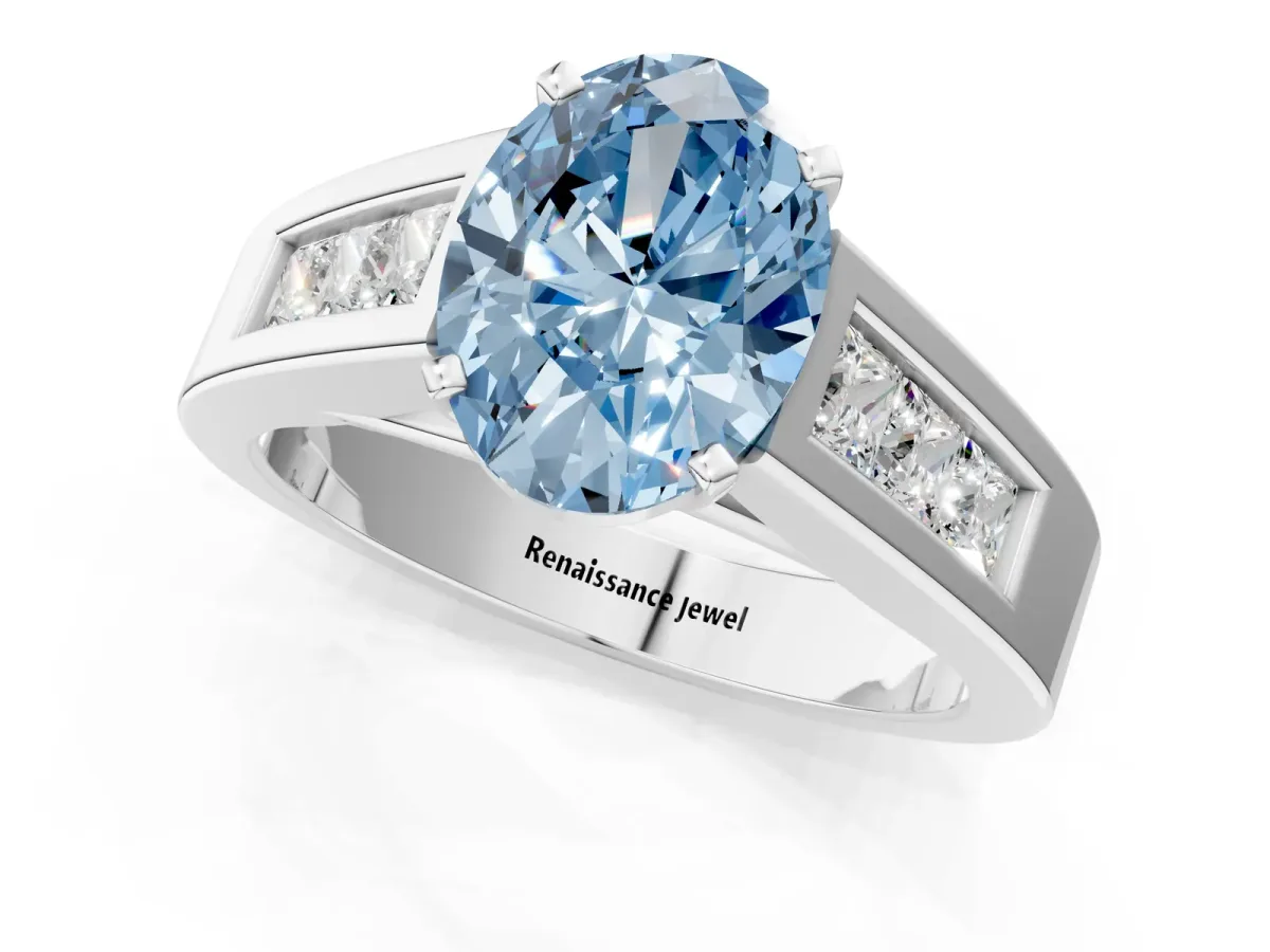 Fancy Blue Oval Cut Cut Channel Set Solitaire Ring with Four-Prong Setting Silver