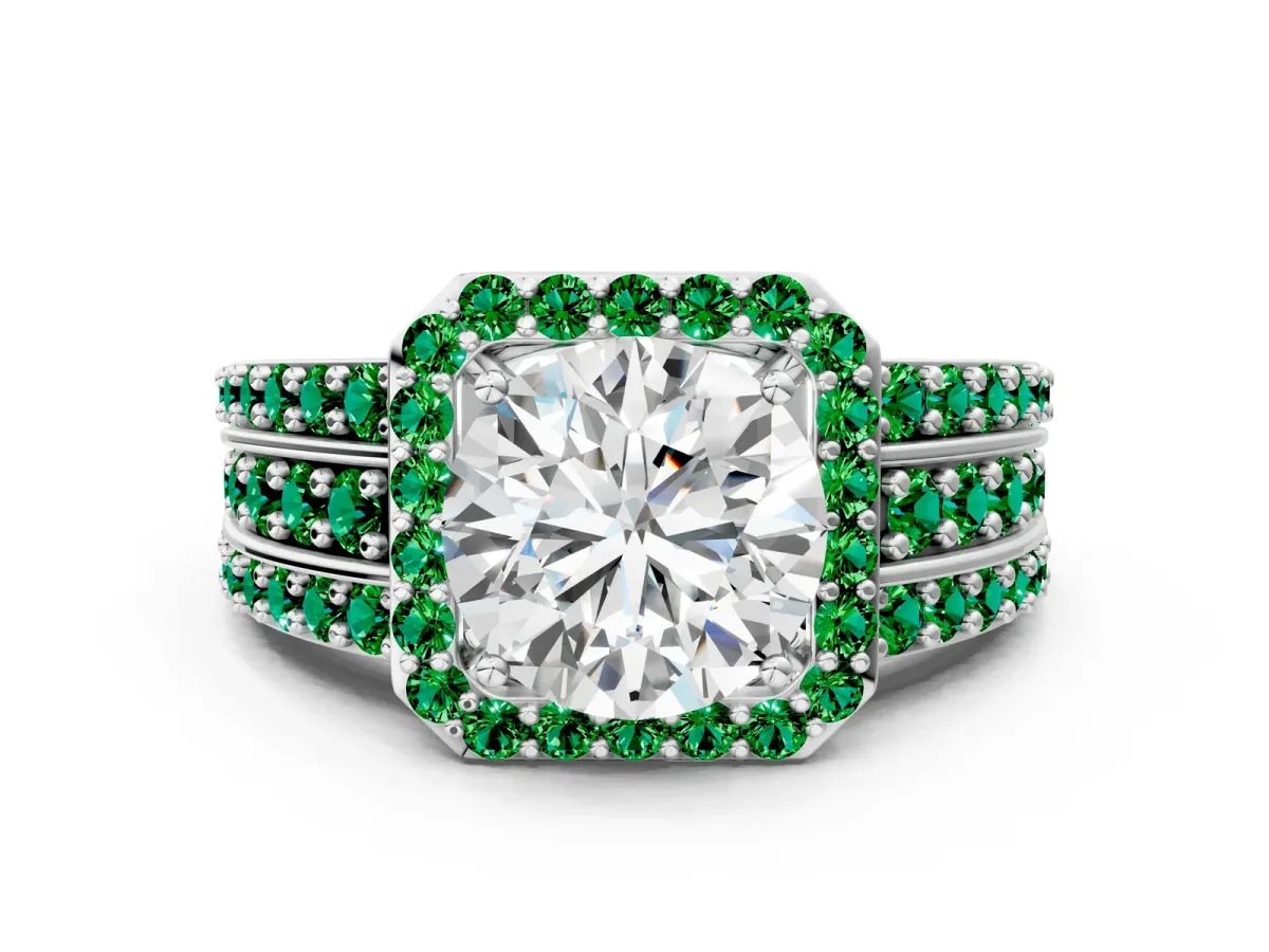 Round Cut Halo Diamond Ring with Round Emerald Split Shank and Prong Setting Silver