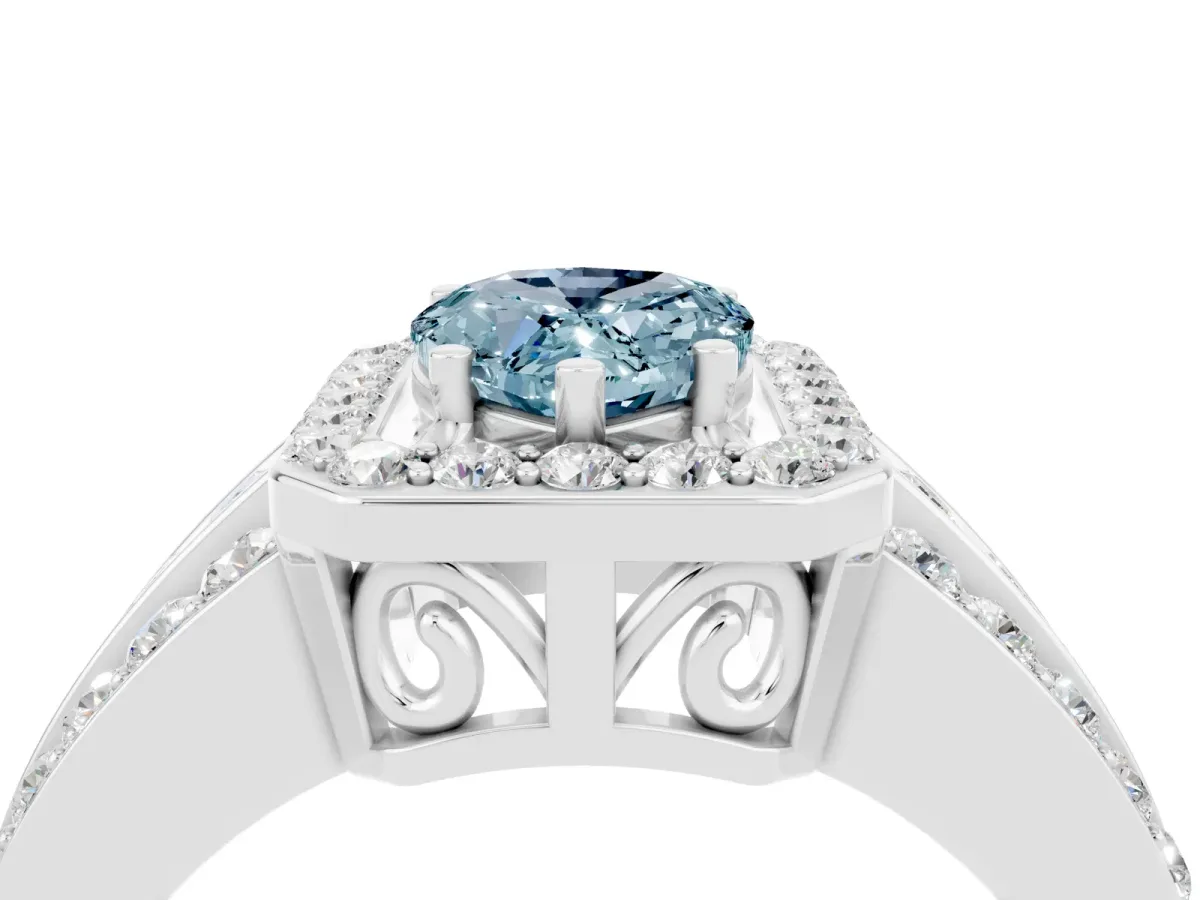 Pear Cut Halo Aquamarine Ring with Round Split Shank and Prong Setting Silver