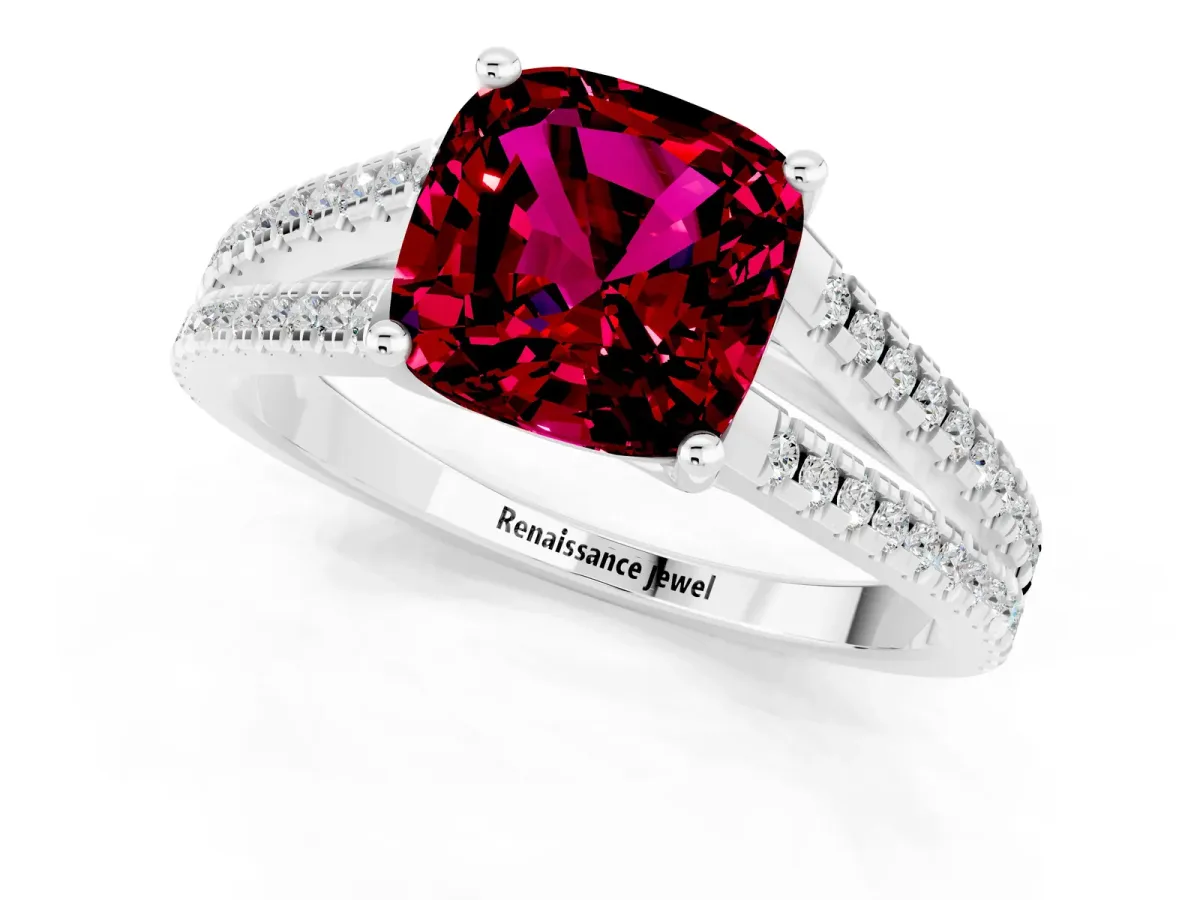 Cushion Cut Garnet Solitaire Engagement Ring with Split Shank Pavé Band Silver