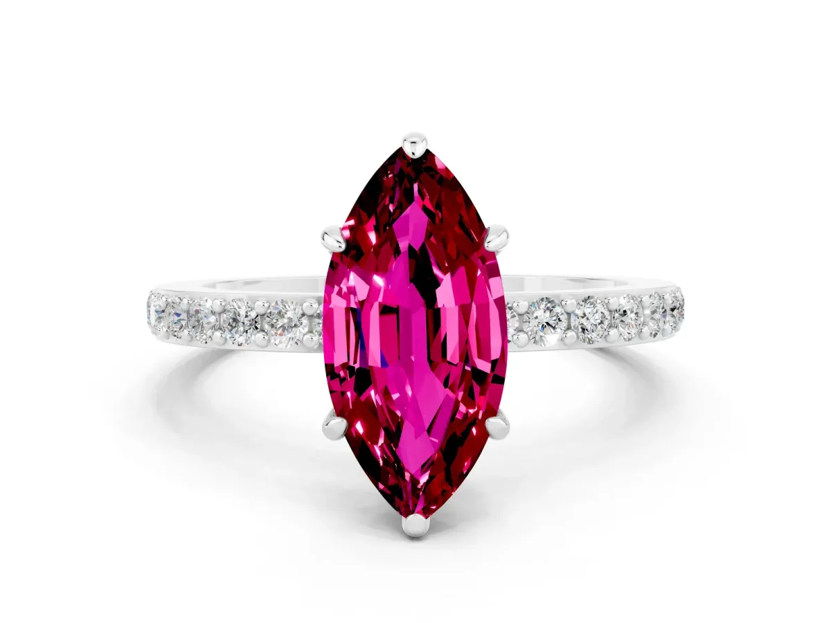 Marquise Cut Garnet Solitaire Engagement Ring with Pavé Band and Four-Prong Setting Silver