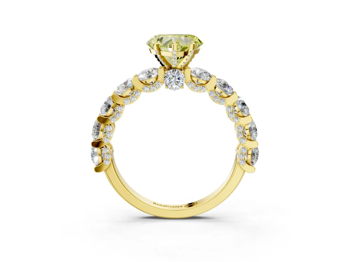 Fancy Yellow Heart Cut Diamond Side Stone Engagement Ring with Four-Prong Setting Yellow gold