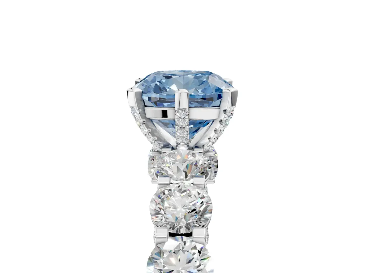 Fancy Blue Cushion Cut Diamond Side Stone Engagement Ring with Four-Prong Setting Silver