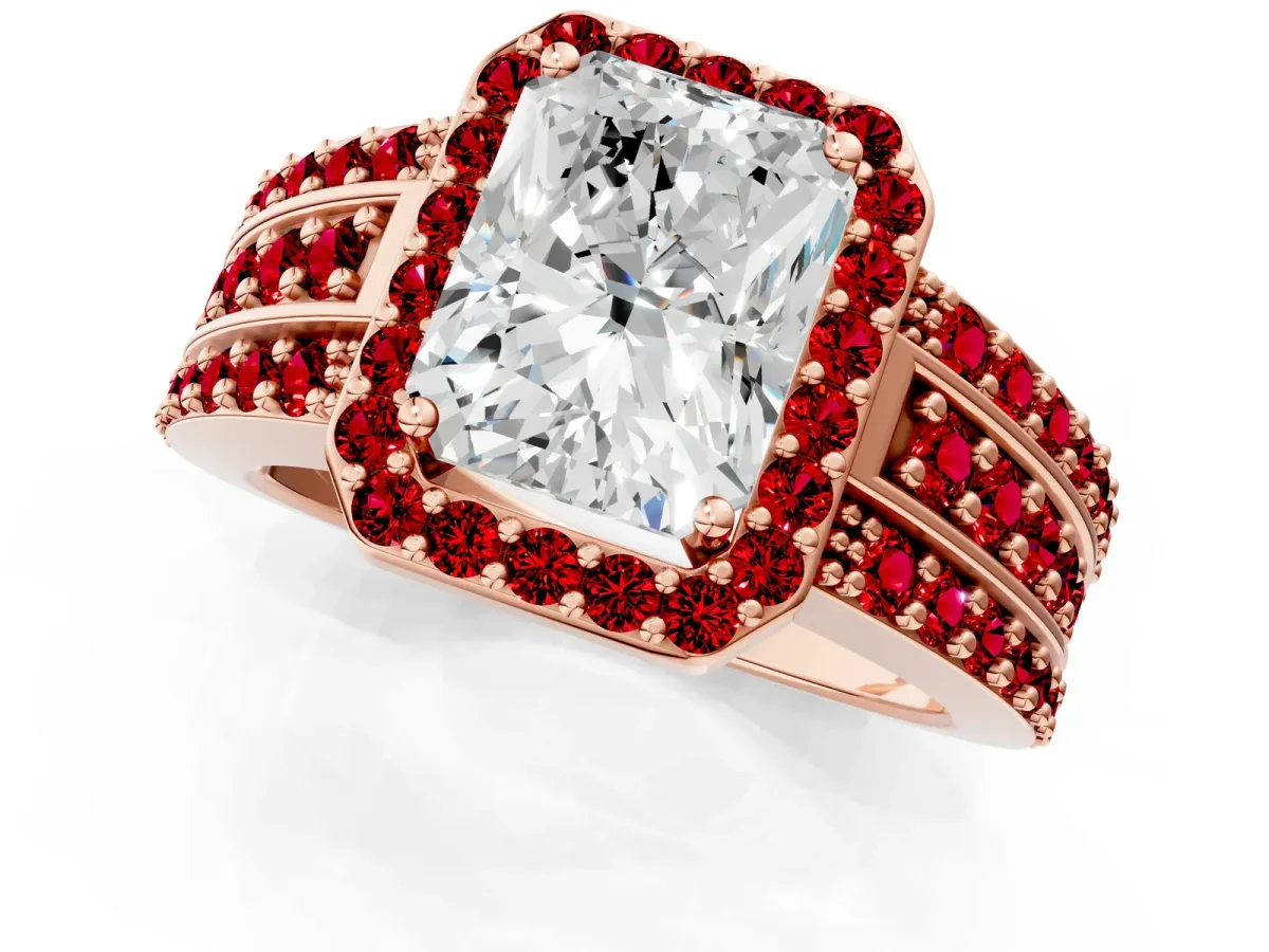 Radiant Cut Halo Diamond Ring with Round Ruby Split Shank and Prong Setting Rose gold