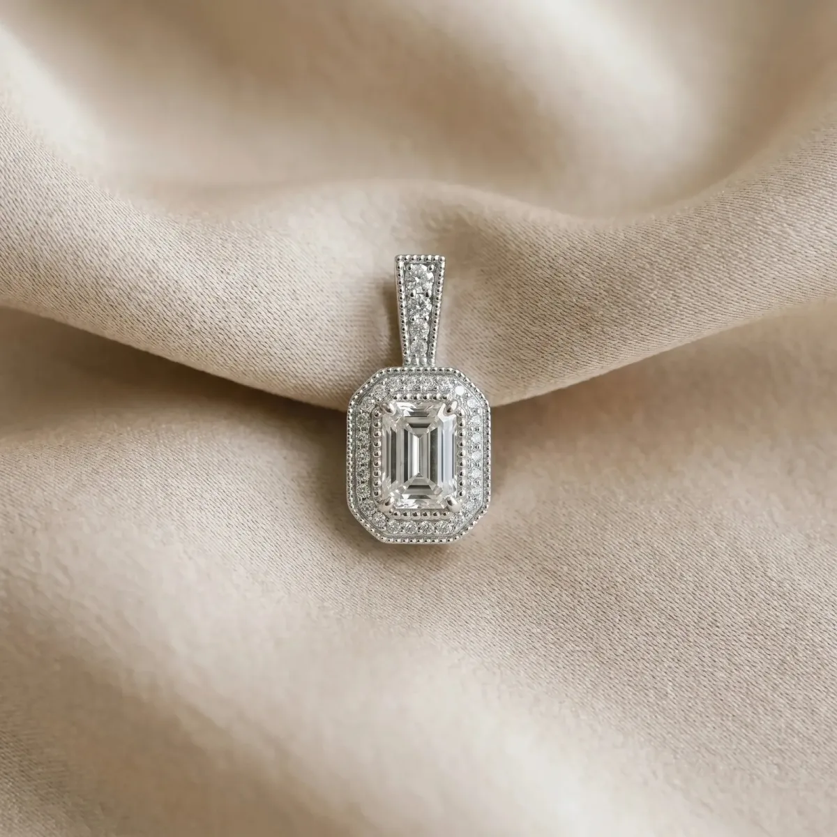 Emerald Cut Halo Diamond Pendant with Pavé Setting White gold