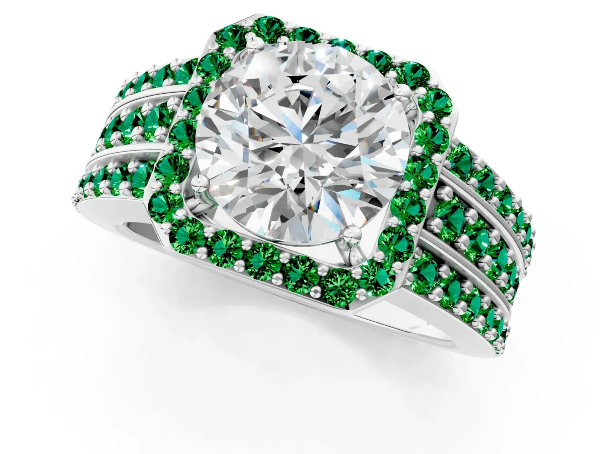 Round Cut Halo Diamond Ring with Round Emerald Split Shank and Prong Setting Silver